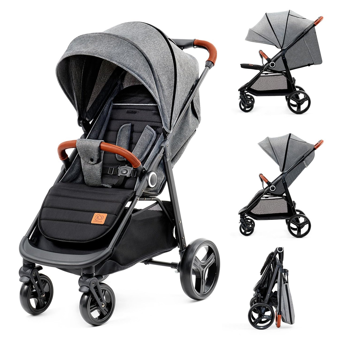 Kinderkraft GRANDE PLUS Kinderkraft Buggy von Geburt bis 22 kg, Zusammenklappen mit einer Hand, Liegeposition, großes Verdeck mit Fenster, alle 4 Räder gedämpft, geräumige Sitz, Grau - Meloni2