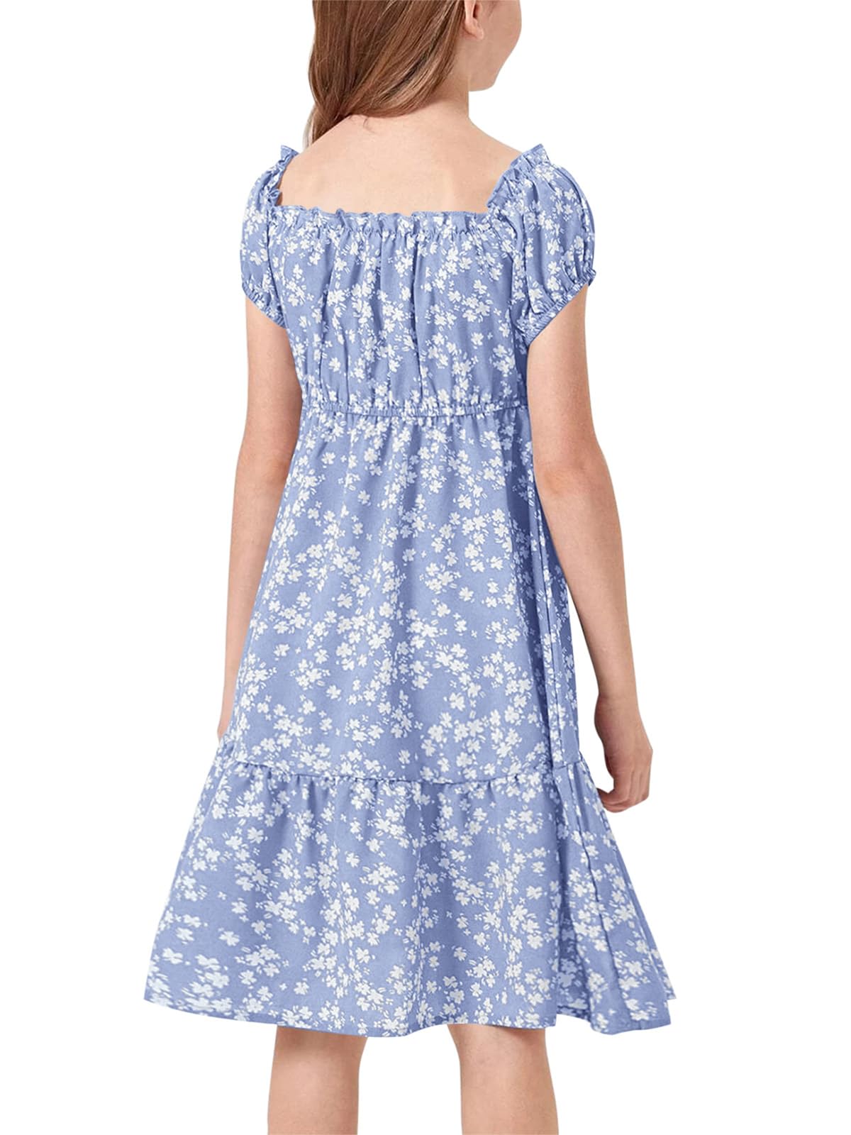 Haloumoning Mädchen Kleider Eckiger Ausschnitt Blumenkleid Kleider Sommer Puffärmel A-Linie Midikleid Kinder Partykleid