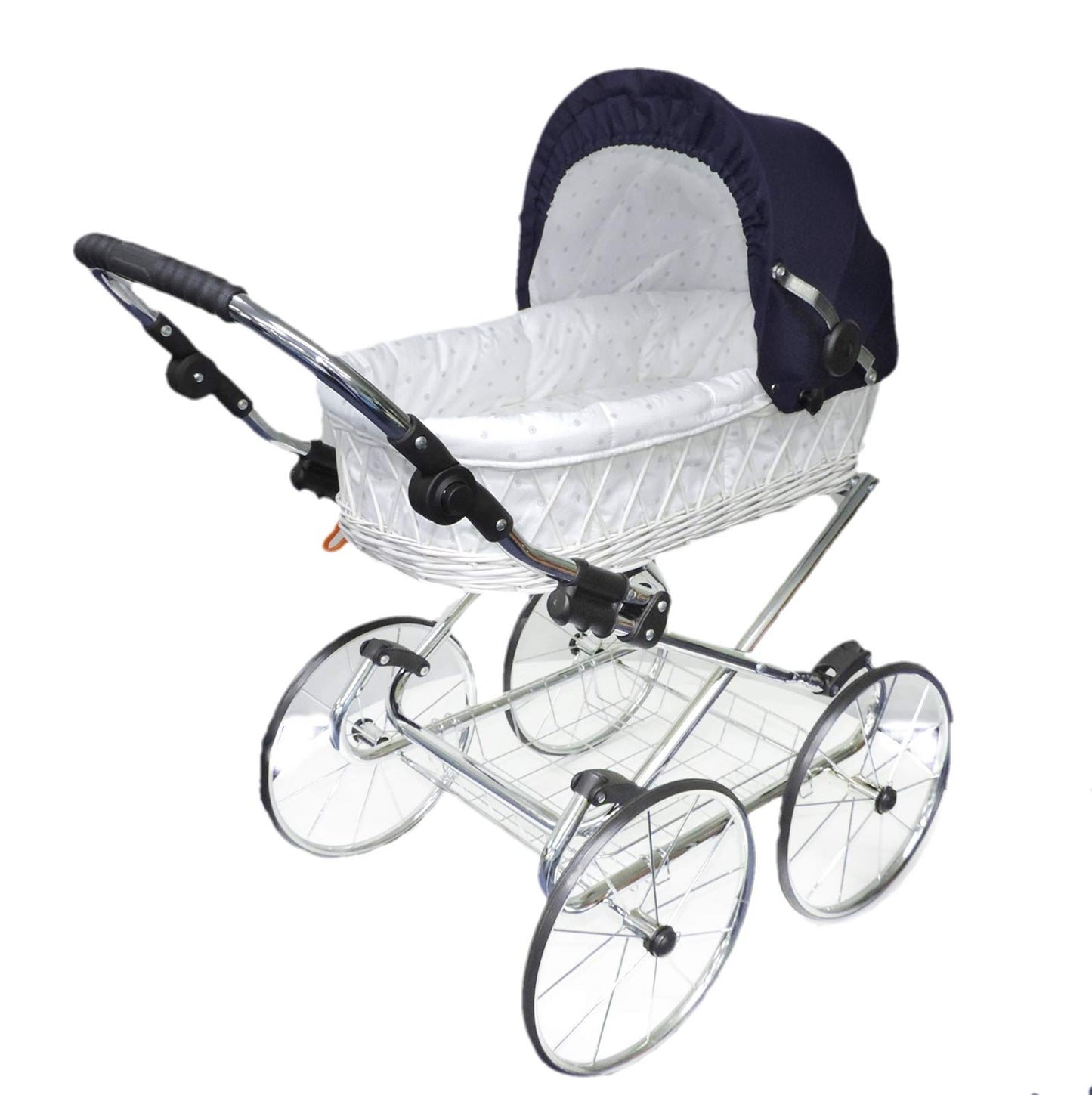 EICHHORN Stroller Wicker Basket Doll's Pram Retro Toy Classic (Basket Natural, Fabric Navy Blue)