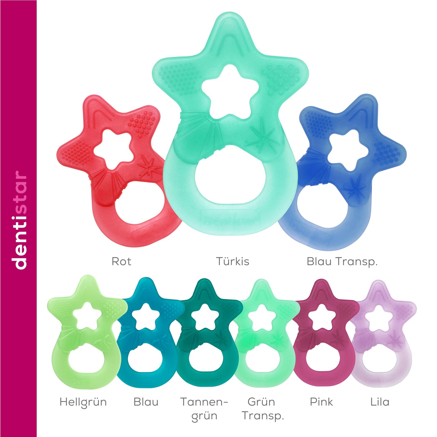 Dentistar Beißring 2er-Set – Teether für Babys & Kleinkinder ab 3 Monate – Baby Beißring mit Griff aus weichem Material zur Zahnungshilfe & Massage – Made in Germany – Pink & Lila