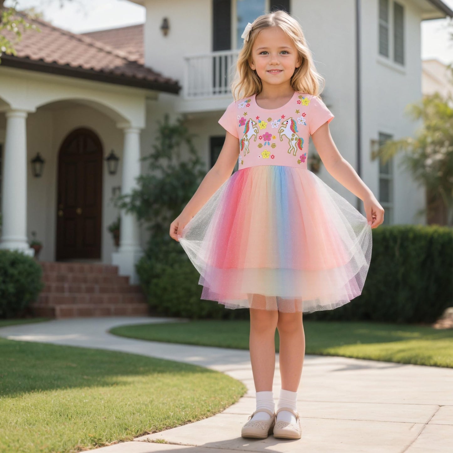 Baogaier Kleid Mädchen Pailletten Tüll Kleider Baumwolle Sommerkleid Sommer Frühling T-Shirt Tüllkleid Kinderkleid Gr. 92-122