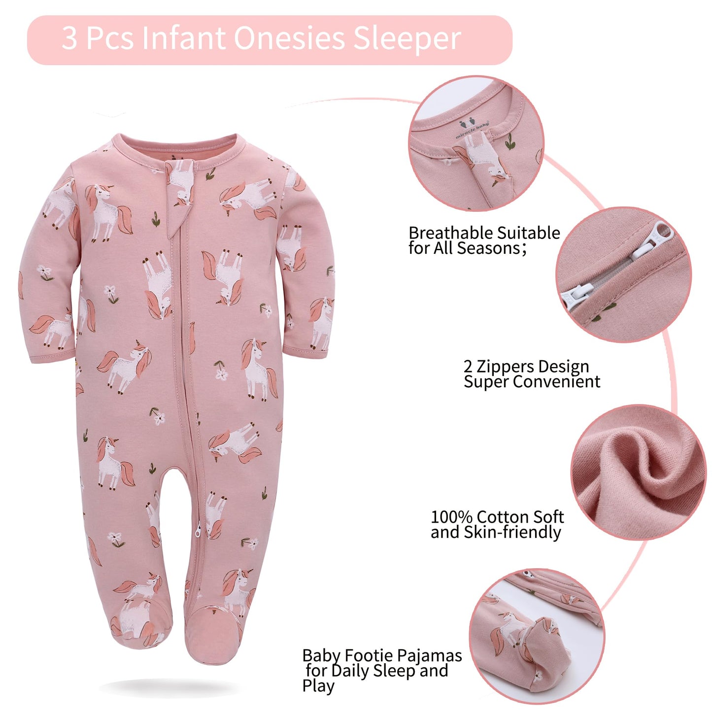 Newborn Baby Boys Girls Rompers with Foot Baby Pajamas One-Piece Long Sleeve Jumpsuit Infant Spring Autumn Bodysuit, 3 Pack