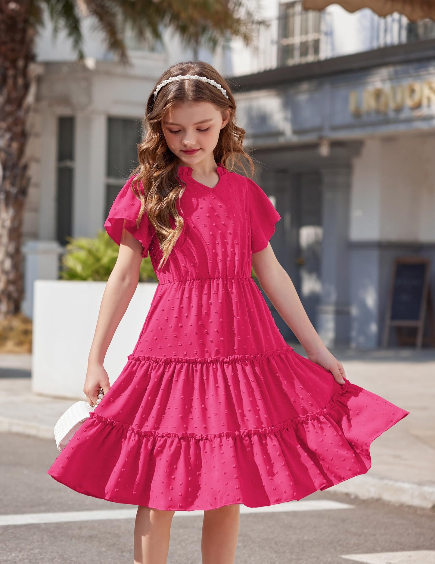 Arshiner Girls Dress Festive Ruffle Sleeve Summer Dresses V-Neck Party Dress Swiss Dot Tiered Dress Children A-Line Swing Kids Dress with Pocket 3-12 Years