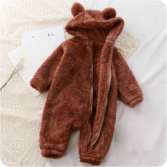Baby Winter Fleeceoverall mit Kapuze, Bärenohren und Reißverschluss Braun