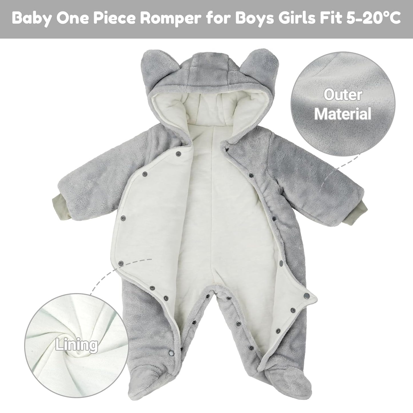 JiAmy Baby-Overall Baby-Strampler Flanell Winter-Strampelanzug mit Füßchen Kapuze Cartoon,Khaki 6-9 Monate