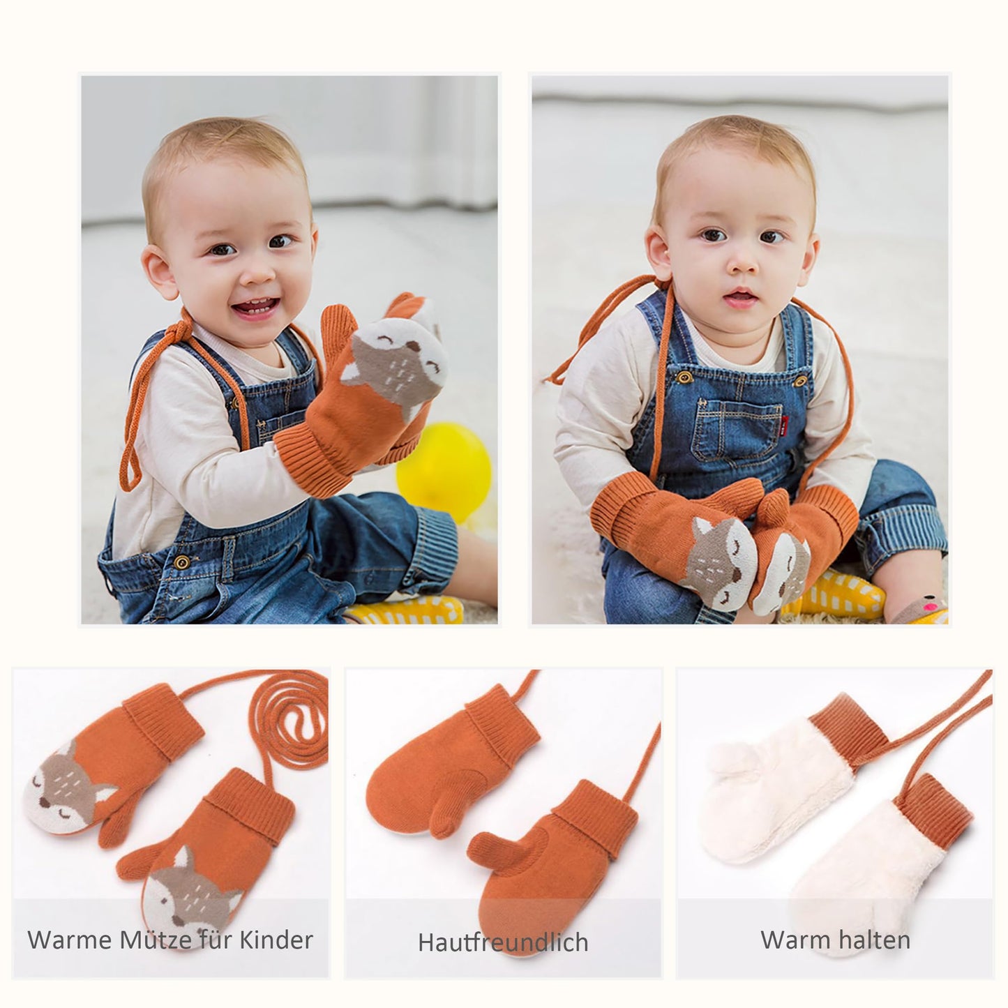 DORRISO Unisex-Baby Jungen Mädchen Mütze Schal Handschuh Set Niedlich Frühling Winter Herbst Beanie Strickmütze Warm Niedlich Klein Fuchs Wintermütze 1-6 Jahre alt