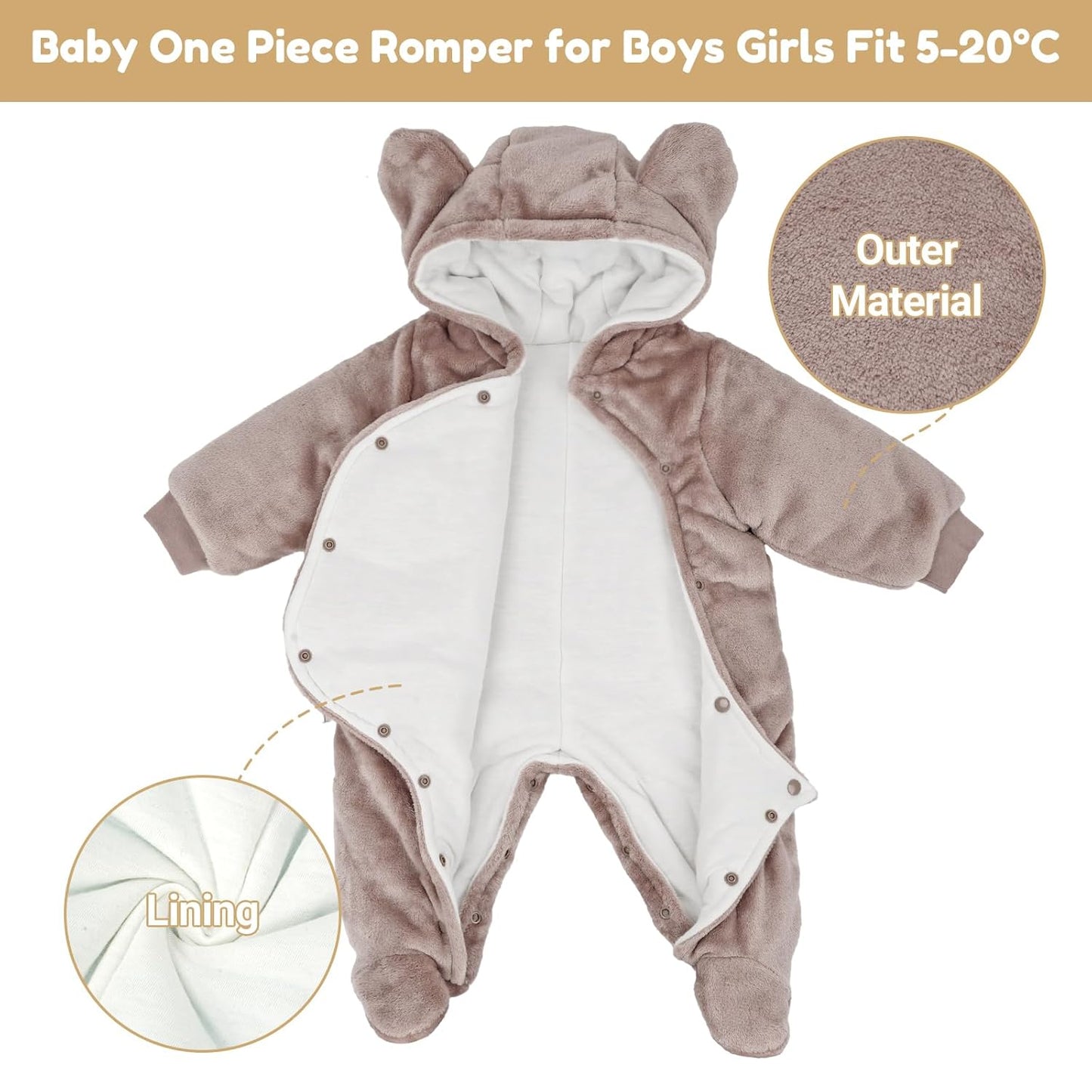JiAmy Baby-Overall Baby-Strampler Flanell Winter-Strampelanzug mit Füßchen Kapuze Cartoon,Khaki 6-9 Monate