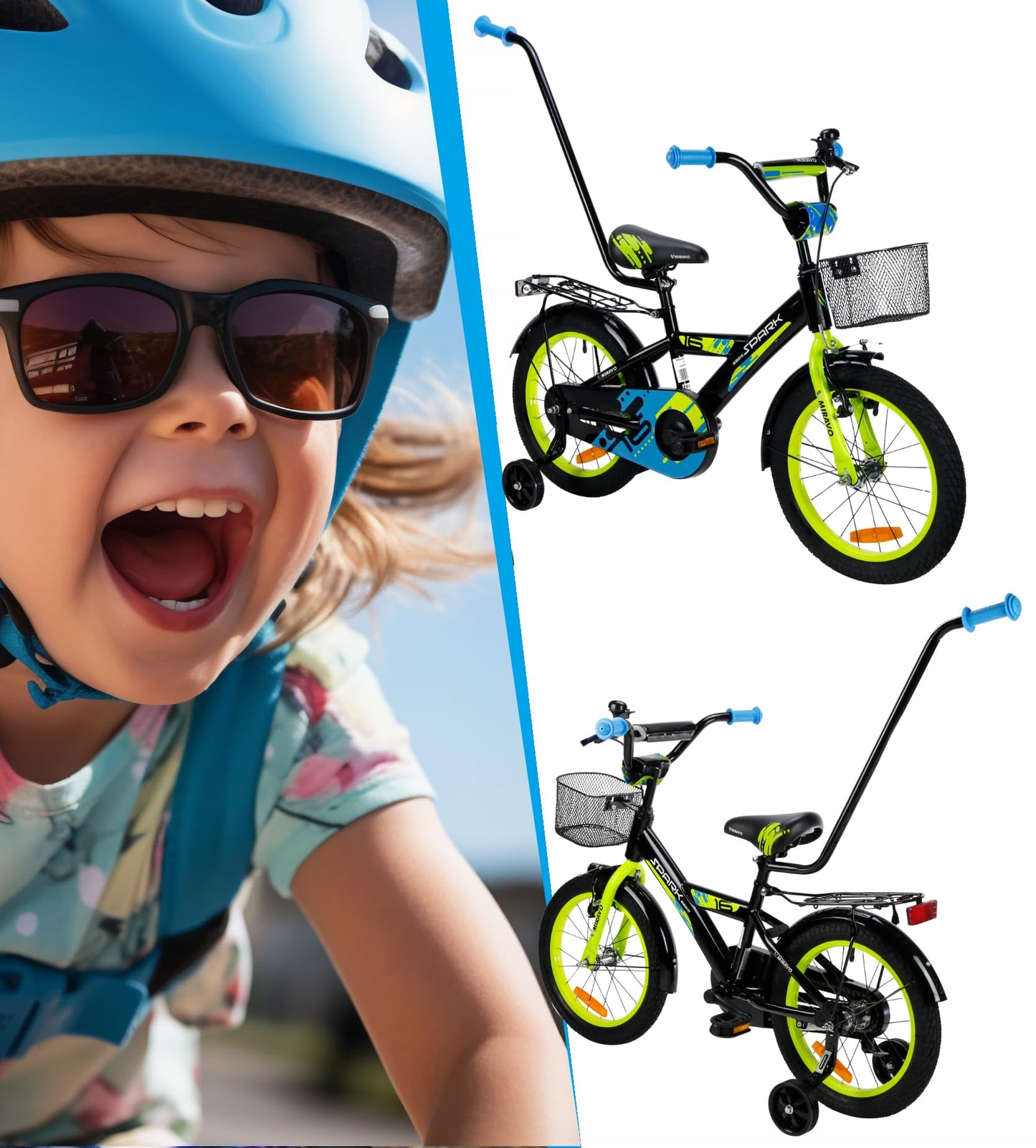 MIRAVO Kinderfahrrad Fahrrad Kinder Ab 2 Bis 8 Jahre Mit Stützrädern Schubstange V-Brake Bremsen Rückstrahl Aufkleber 12 16 20 Zoll Radgröße Korb Für Junge Spark - Meloni2