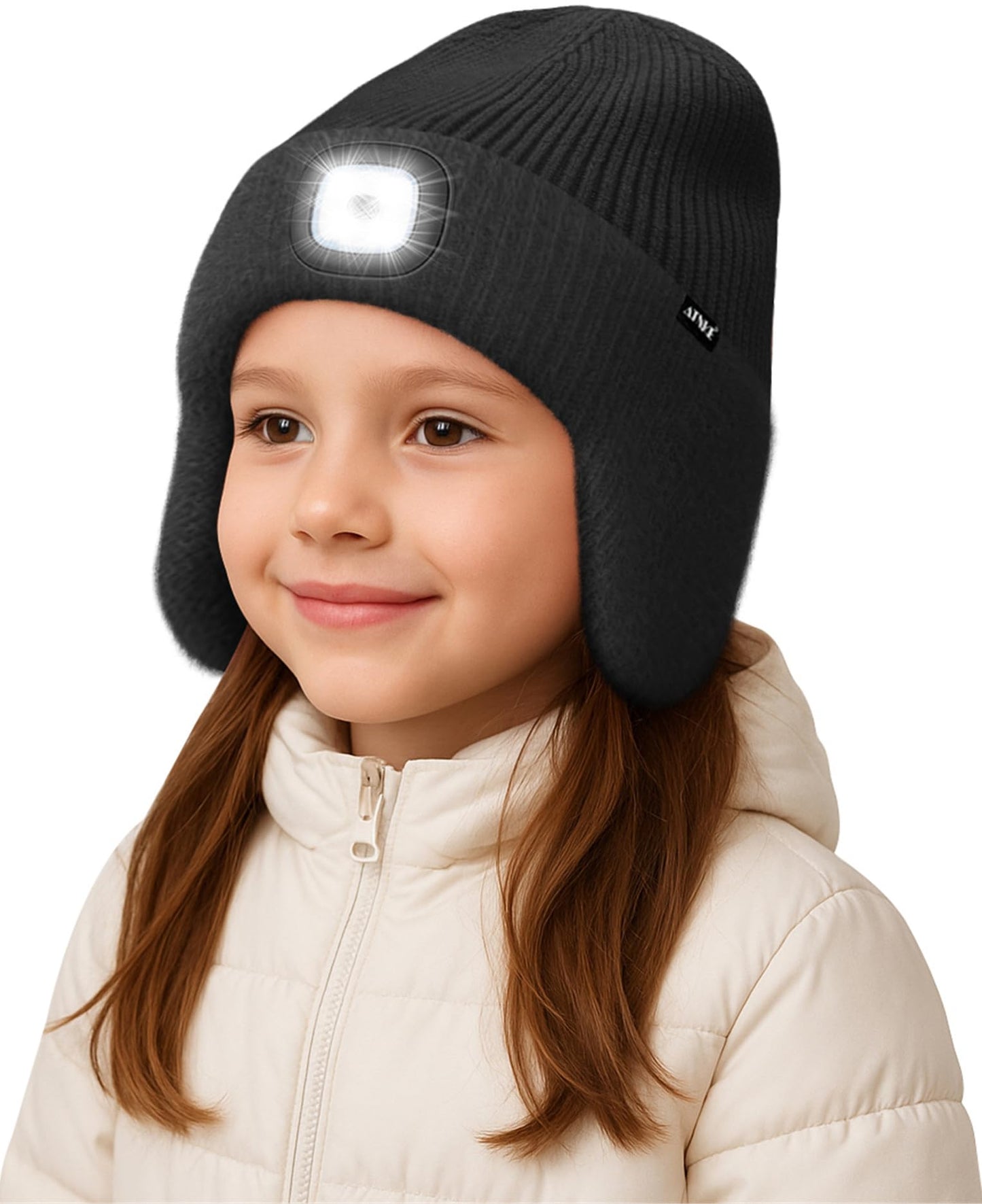 ATNKE Kinder LED Beleuchtete Ohrenklappen Mütze mit Licht,USB Wiederaufladbare 4 LED Laufmütze Stirnlampe Winter Warm Fleece Gefüttert Strick Mütze Geschenke für Jungen und Mädchen
