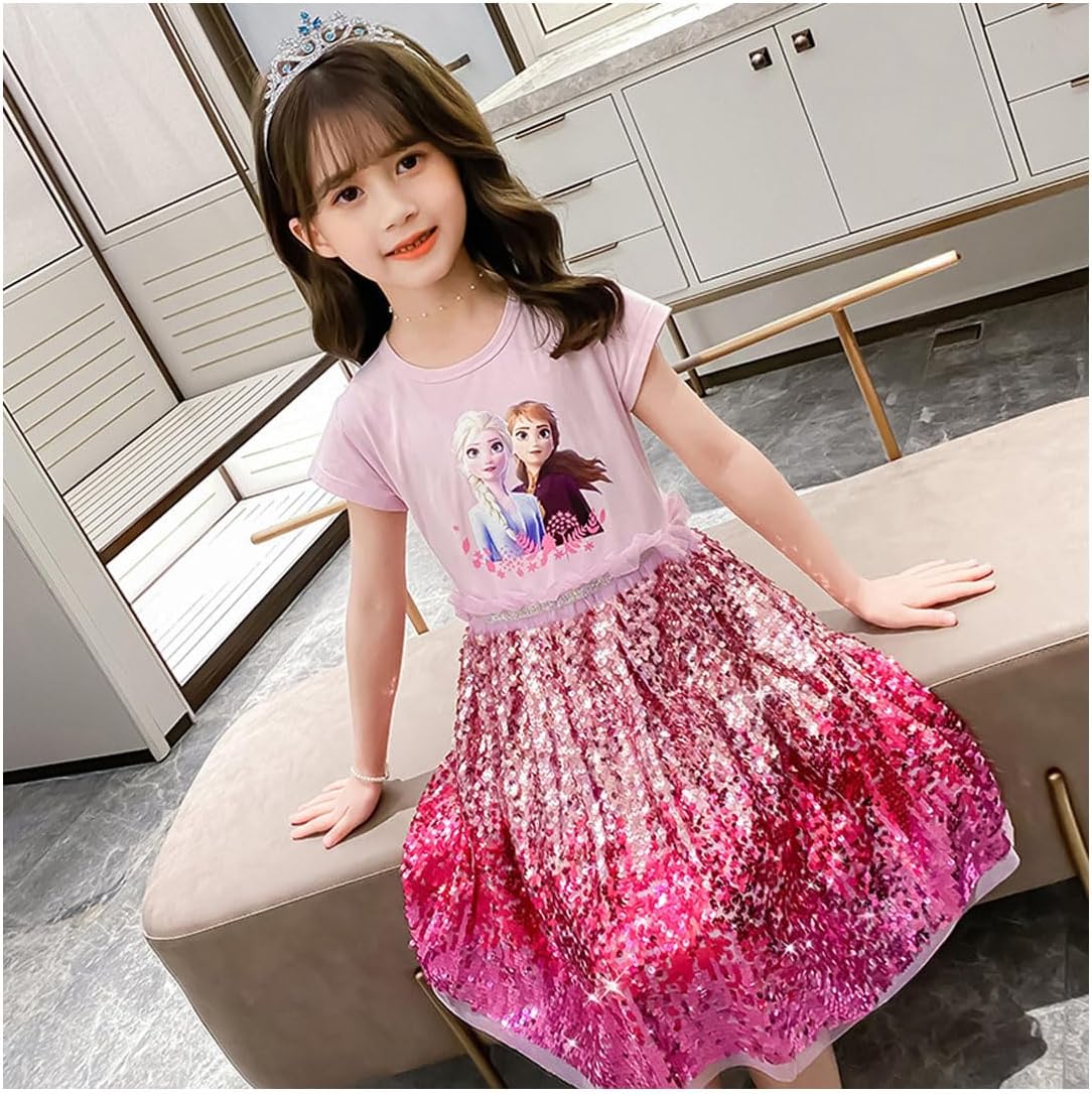 Renholin ELSA Dresses Shine Summer Dress Short Sleeve Frozen Ice Queen Princess ICE Princess Costume Girls Kids Party Skirt