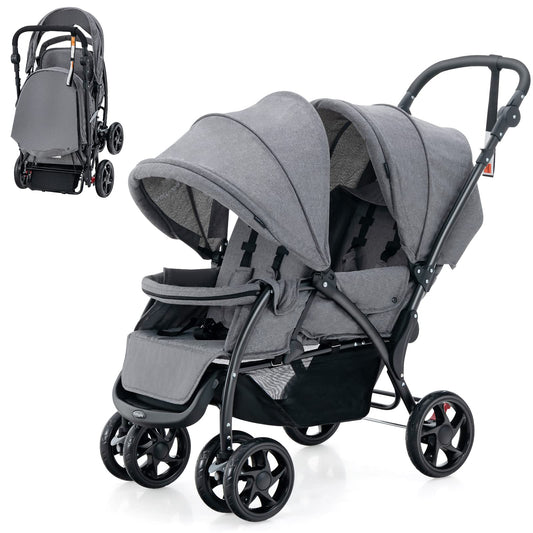 COSTWAY Folding Double Pushchair, Twin Pushchair with Adjustable Backrest and Hood, Travel Buggy with Reclining Function, Twin Buggy Pushchair for Baby from 6 Months, 30 kg Load Capacity (Grey)