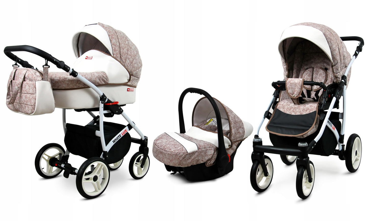 BabyLux® Bambimo stroller set 3 in 1 - White Lux - incl. carrycot, buggy sports seat, car seat - stroller set - combi stroller with changing bag, rain cover, etc.