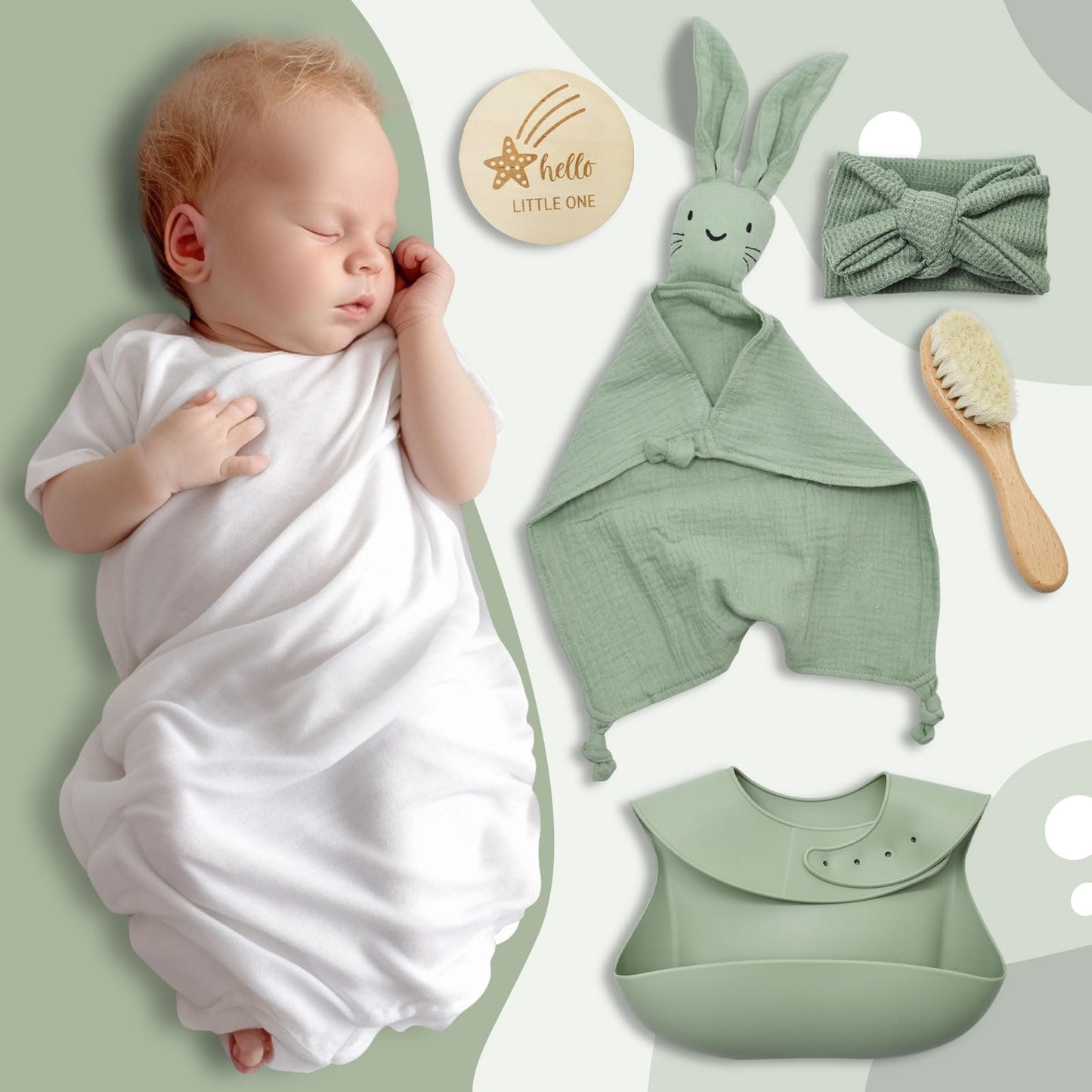 YTACREA Schmusetuch Baby, Baby Geschenk Mädchen Junge Personalisierte Geschenk Neugeborenen mit Schmusetuch, Lätzchen, Turban, Meilensteinkarten, Bürsten und Socken, Khaki