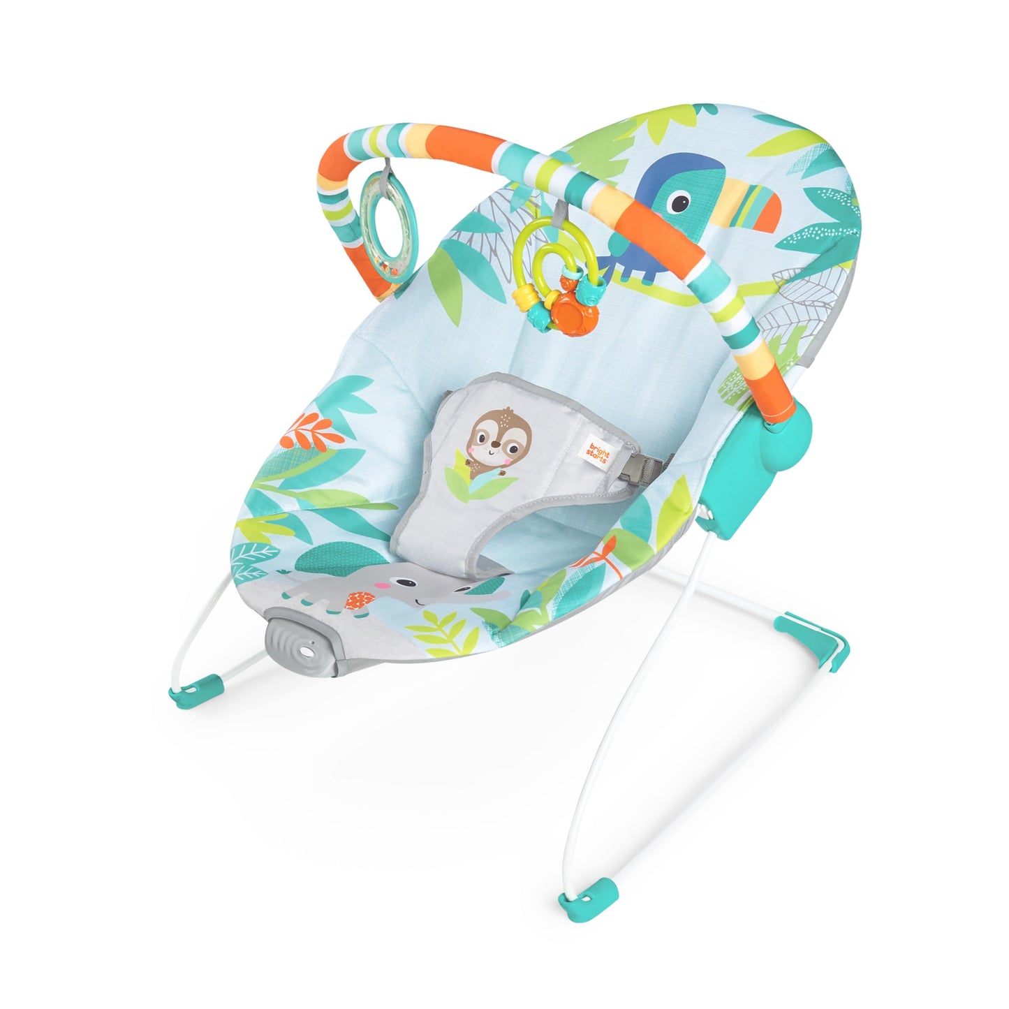 Bright Starts, Babywippe Babyschaukel Safari Fun mit Beruhigenden Vibrationen, Spielbogen mit 2 Spielzeugen, 3-Punkte-Gurt Sitz, Maschinenwaschbares Sitzpolster, ab der Geburt bis 9kg