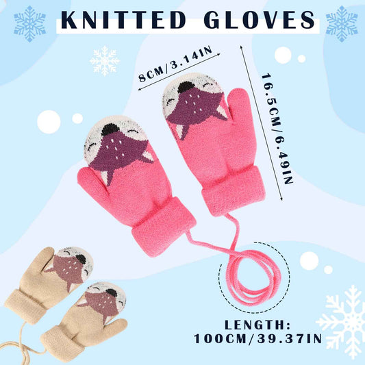 FUIPVGI 2 Pairs of Baby Winter Gloves, Cartoon Children's Winter Gloves, Mittens, Warm Knitted Gloves with Lanyard for 0-3 Years Girls Boys