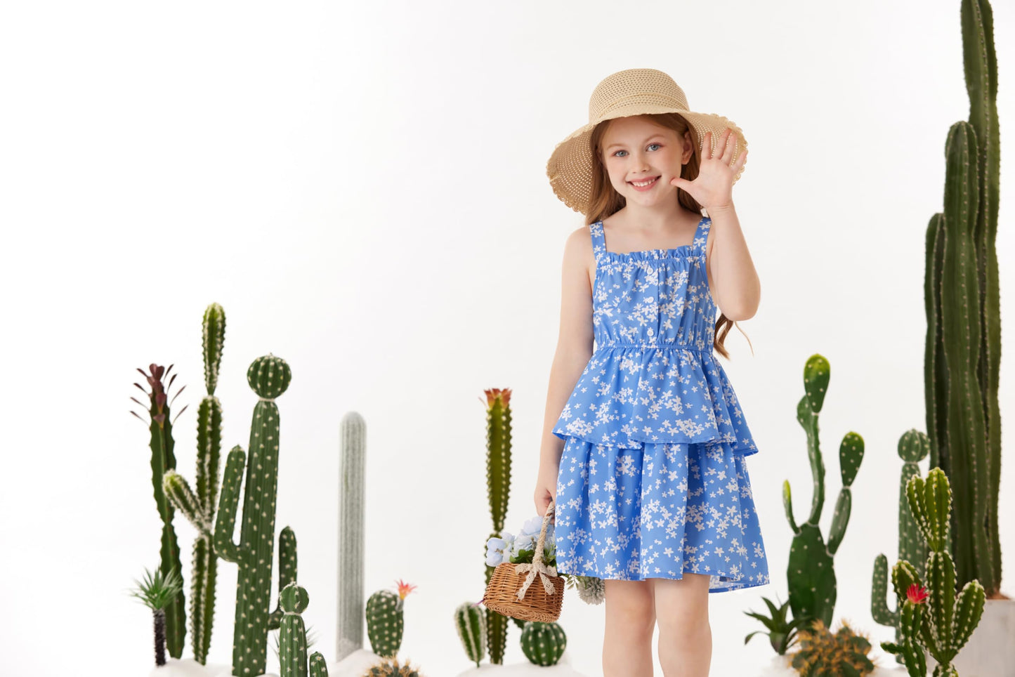 GRACE KARIN Mädchen Sommer Blumen Kleid Kinder Prinzessin A-Linie Freizeit Swing Kleid Verstellbare Spaghetti-Träger Doppelter Saum