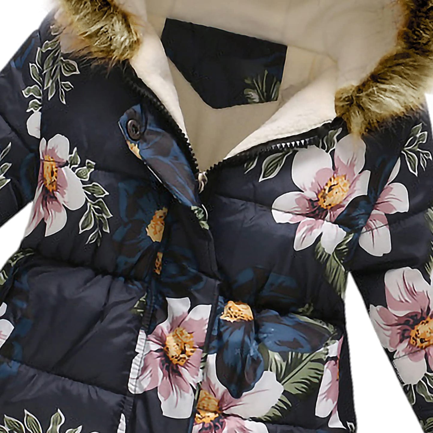 amropi Girls' Floral Winter Jacket with Fur Hood Warm Winter Coat Children's Jacket for 2-10 Years