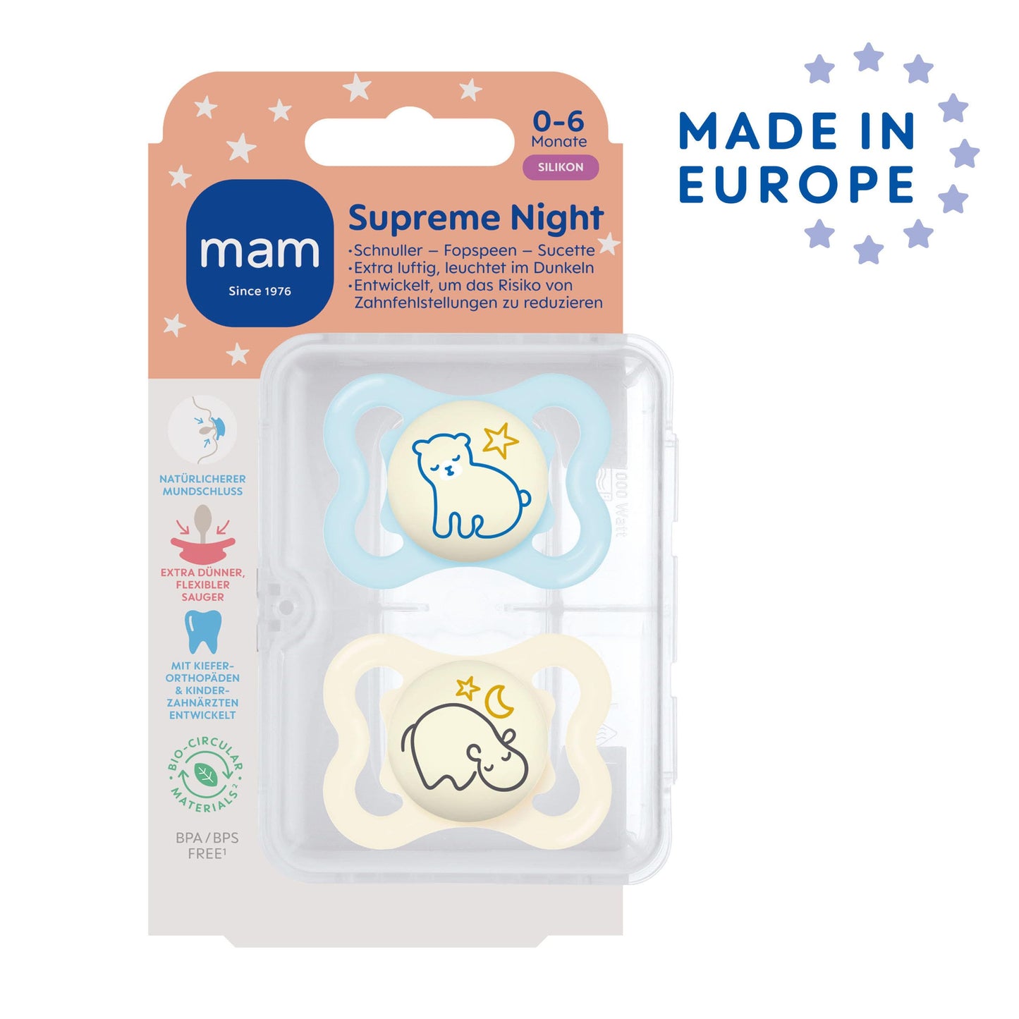 MAM Supreme Day & Night Schnuller | 0-6 Monate | Babyschnuller für Neugeborene | 94% Akzeptanz | beugt Zahnfehlstellungen vor | mit Zahnmedizinern entwickelt| SkinSoft Silikon |Bär/Nilpferd |4 Stück