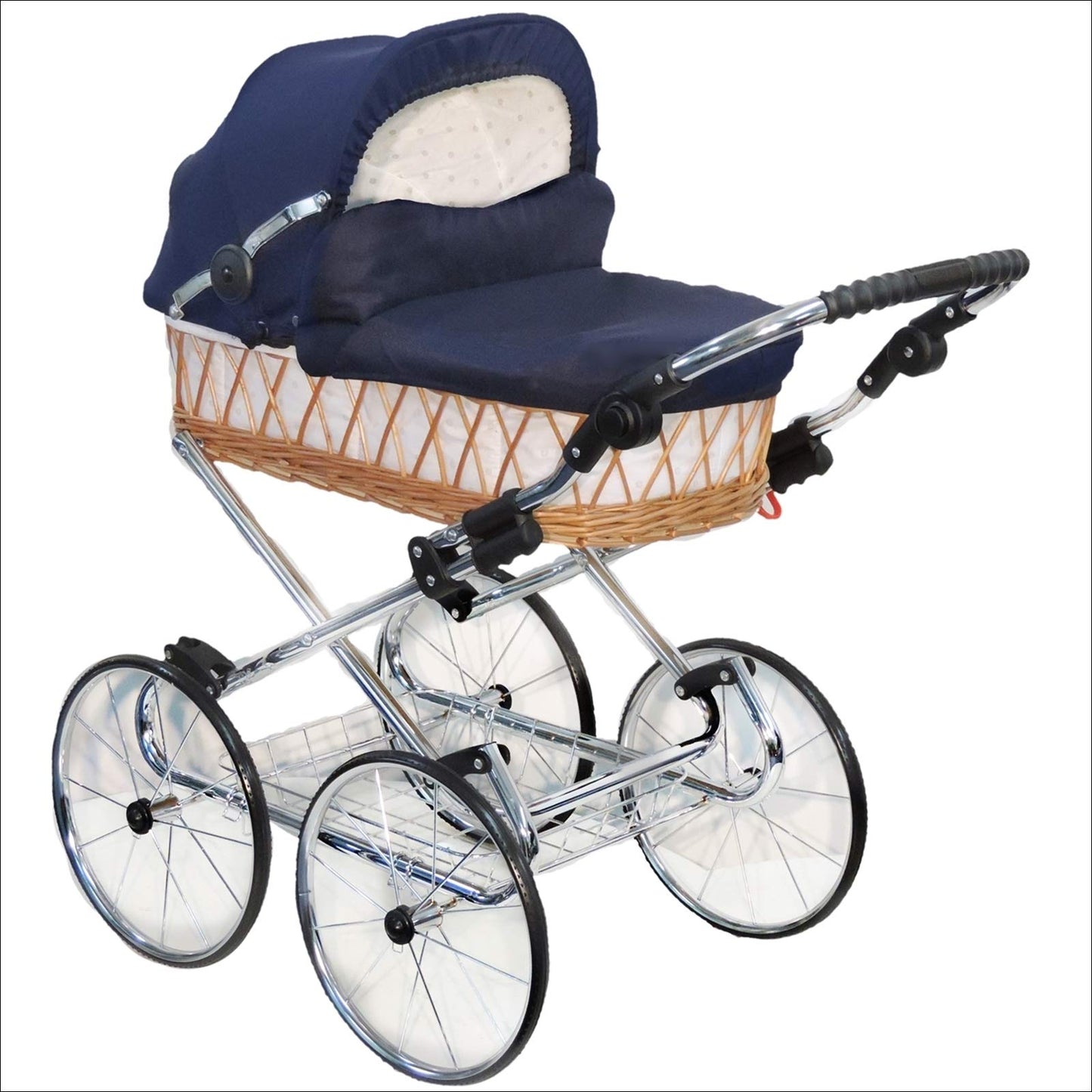 EICHHORN Kinderwagen Wicker Basket Doll's Pram Retro Toy Classic (Basket Natural, Fabric Navy Blue)