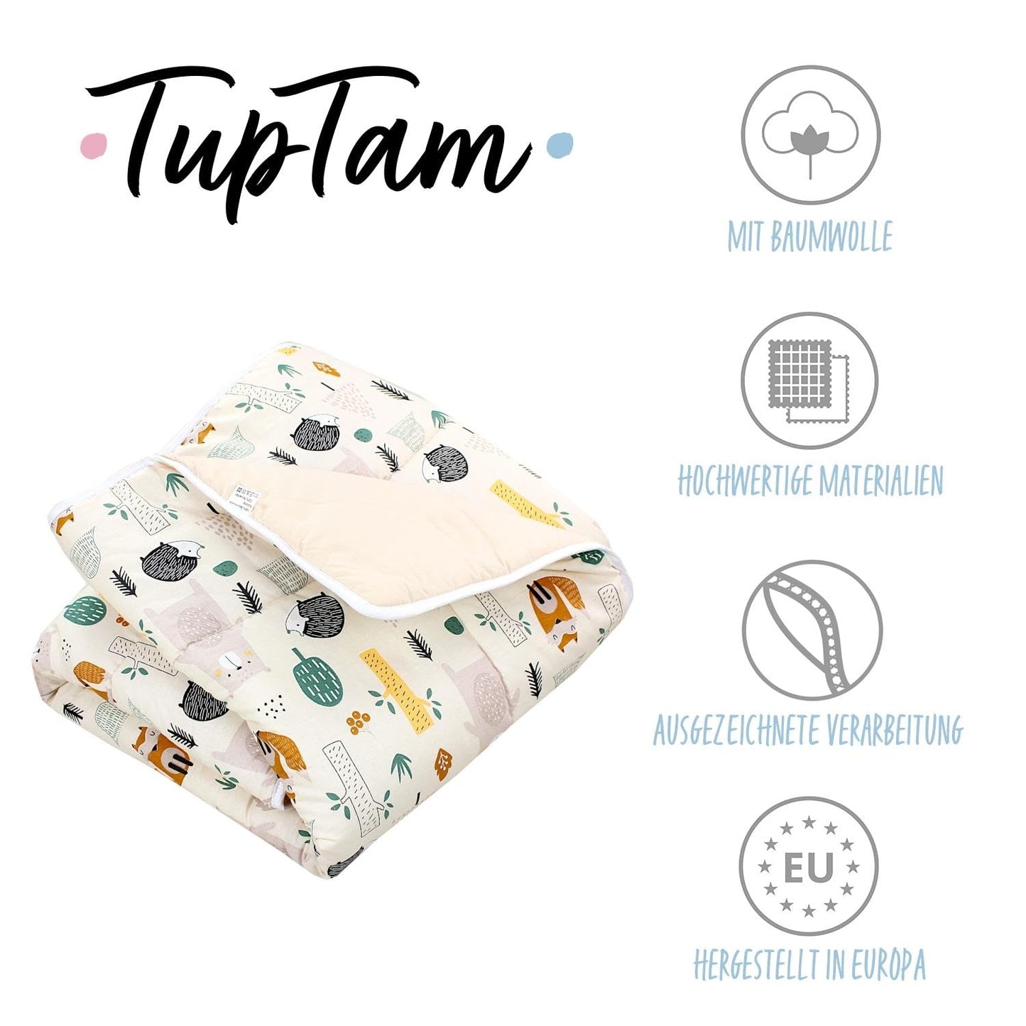 TupTam Krabbeldecke für Baby 120x120 cm - Gepolsterte Spieldecke Baby Baumwolle, XXL, OEKO-TEX, Weich & Hautfreundlich, Farbe: Wald/Beige - Meloni2