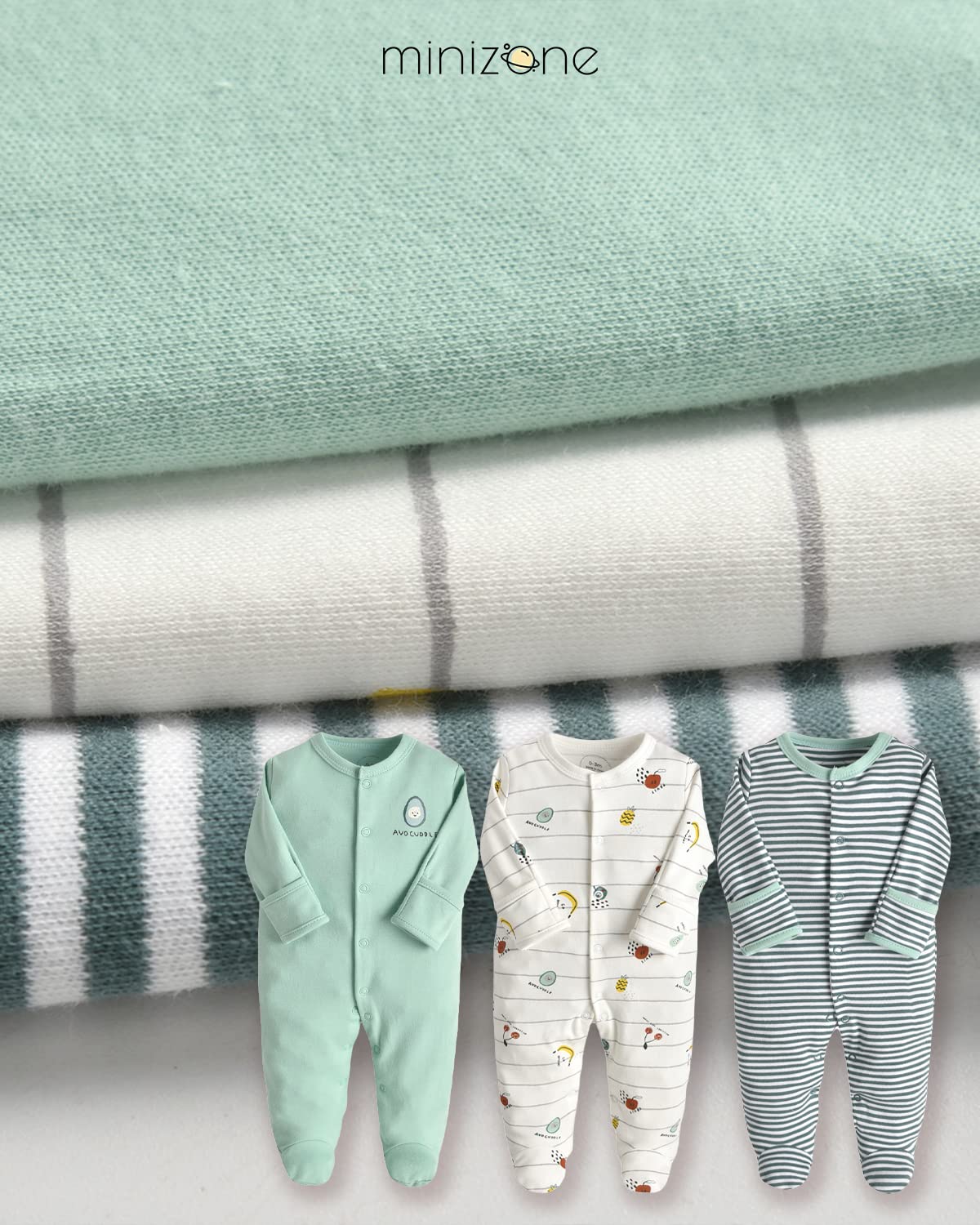 Minizone Baby Schlafstrampler 3er Pack, Pyjamas Langarm Strampler Jungen Mädchen Geschenk 9-12 Monate