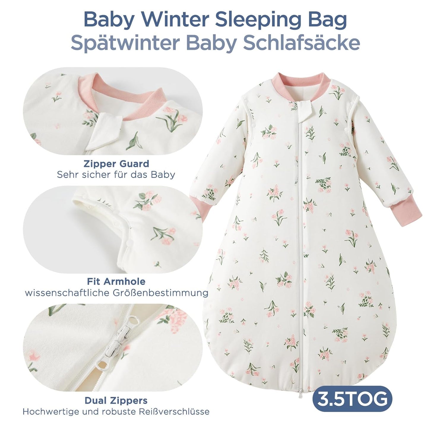 Duomiaomiao 3.5 Tog Baby Sleeping Bag, 100% Cotton Baby Sleeping Bag, Winter, Girls Newborn, Boys Sleeping Bag, Warm Newborn Children (100)