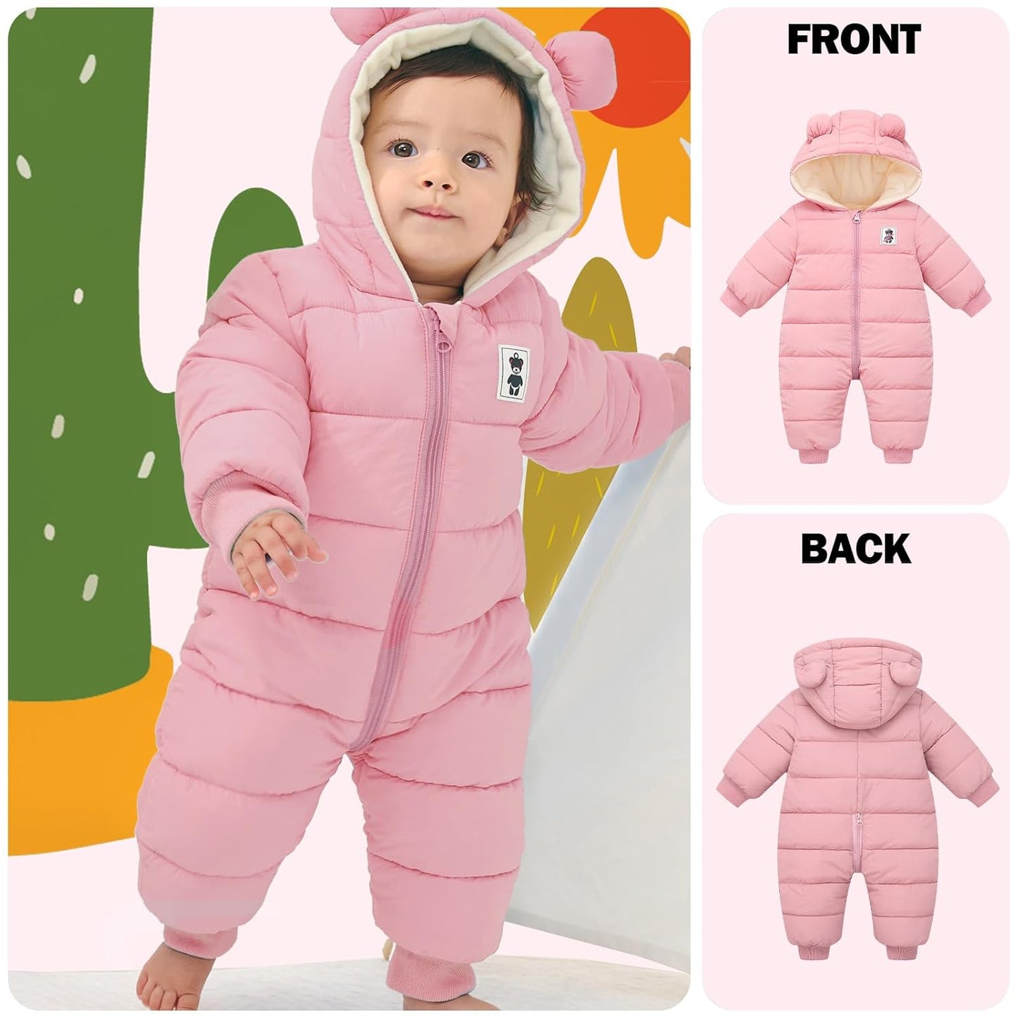 Minizone Baby Winter Jumpsuit with Hood, Romper Snowsuit Boys and Girls, Long-Sleeve Jumpsuit, Warm Outfits, Gift, 6-9 Months, 80 cm, Black