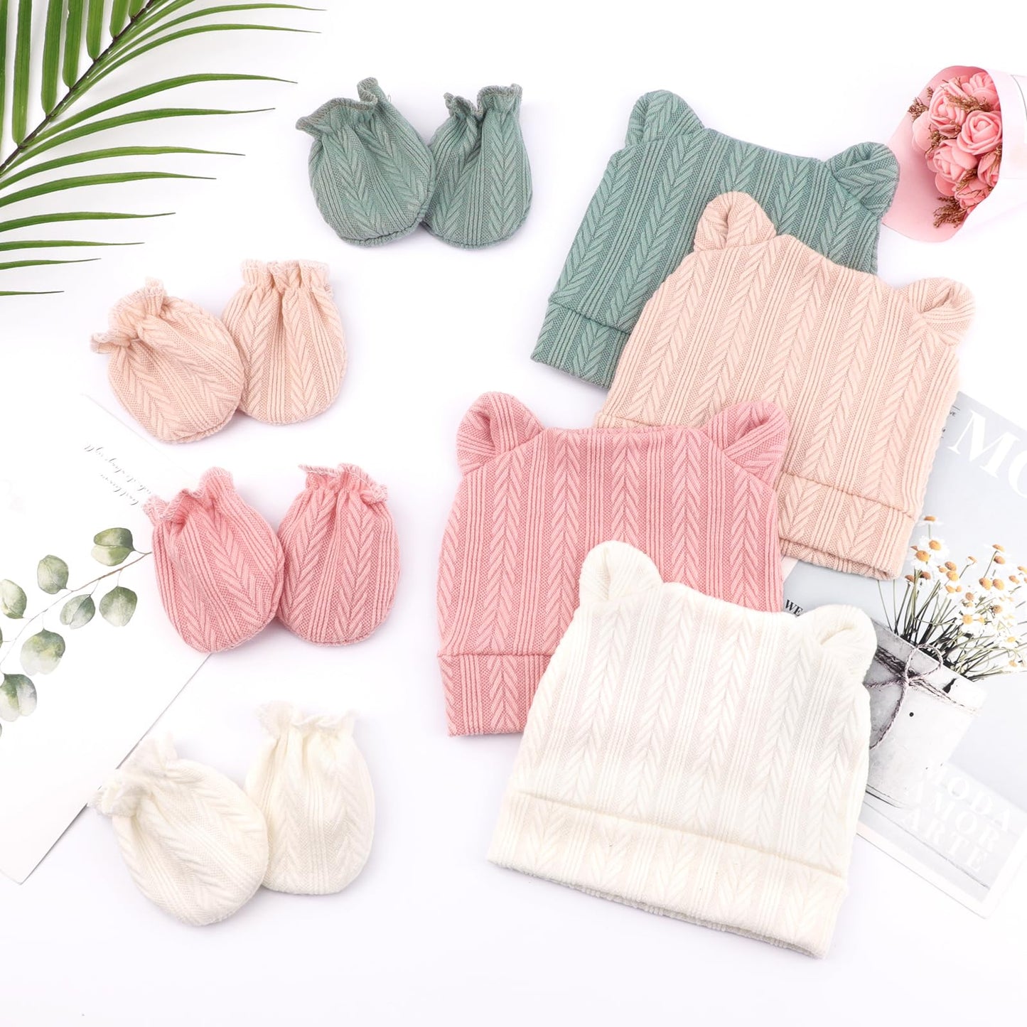 DRESHOW Neugeborenes Baby Mütze Hut und Handschuhe Set Beanie Bekleidung Unisex Infant Hut Kindergarten Mütze Baby Jungen Mädchen 0-6 Monate