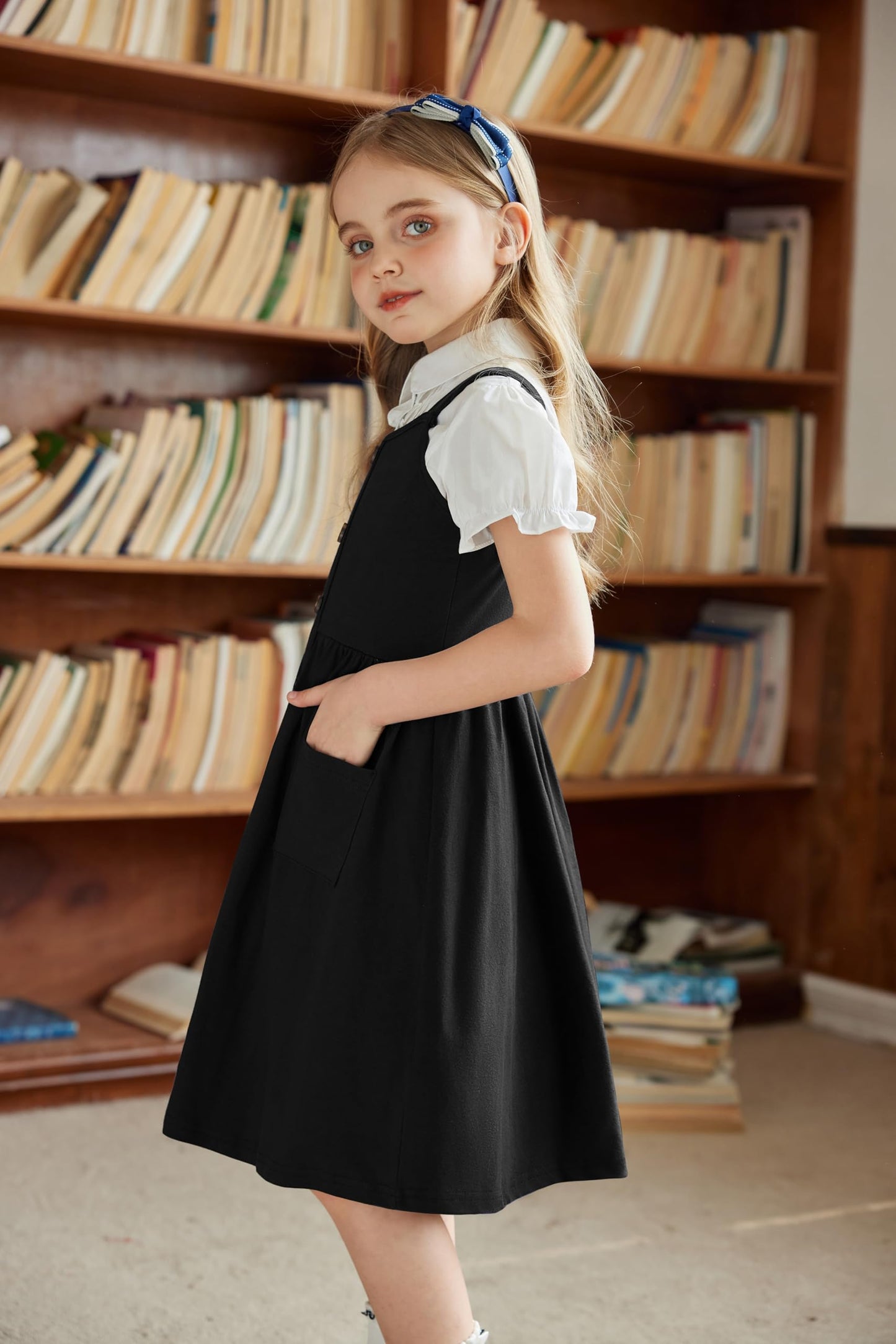 Arshiner Girls Dresses Sleeveless Children's Dress Button Front Strap Dress Summer Cotton Swing Dress Festive A-Line Casual Dress Elegant Dress for Girls 5-14 Years