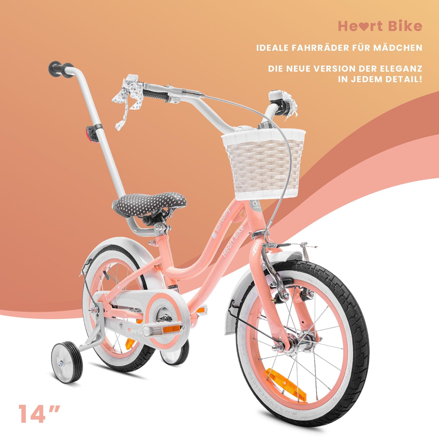 sun baby Mädchenfahrrad 12, 14 und 16 Zoll Radgröße Heart Bike zur Auswahl, mit Abnehmbarer Schubstange, Kinderfahrrad für Mädchen von 2 bis 6 Jahre