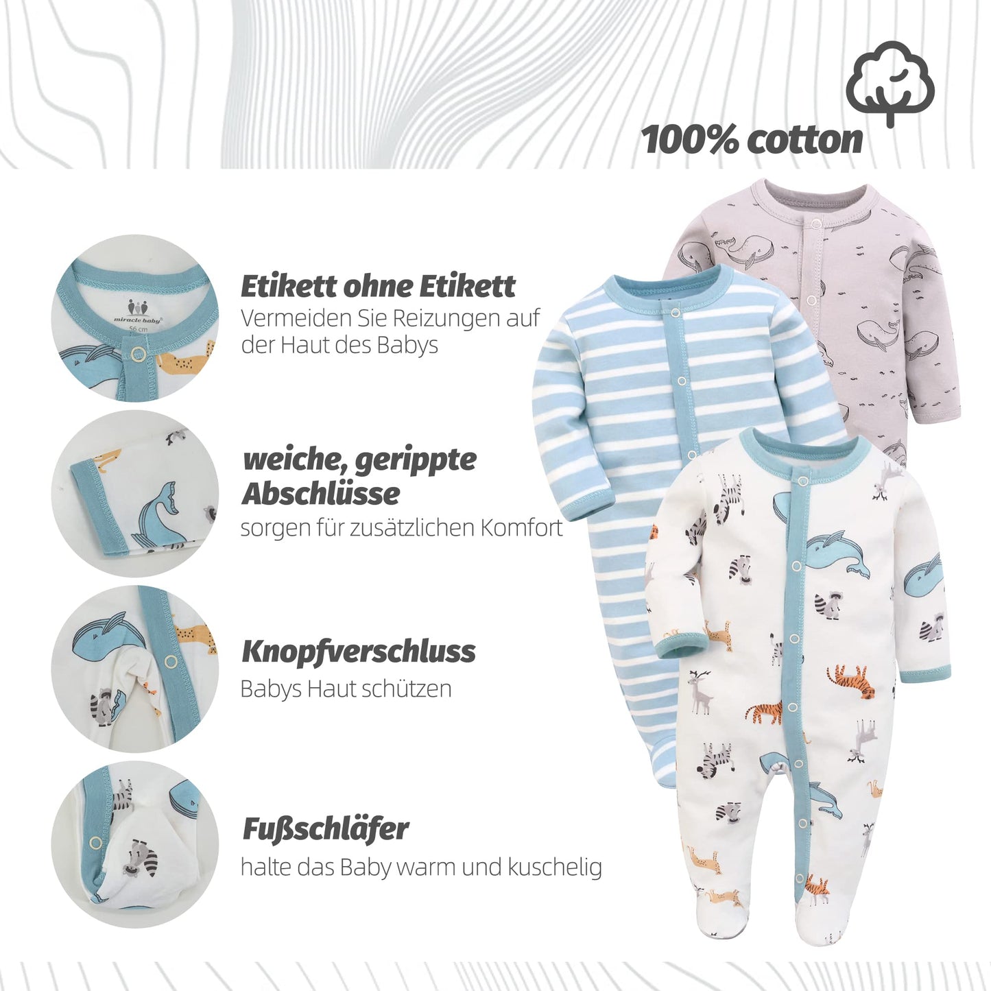 3PCS Baby Sleepsuit Baby Pajamas Baby Sleeping Bag Cotton with Feet with Buttons Size 56 62 68 for Boy Girl Newborn