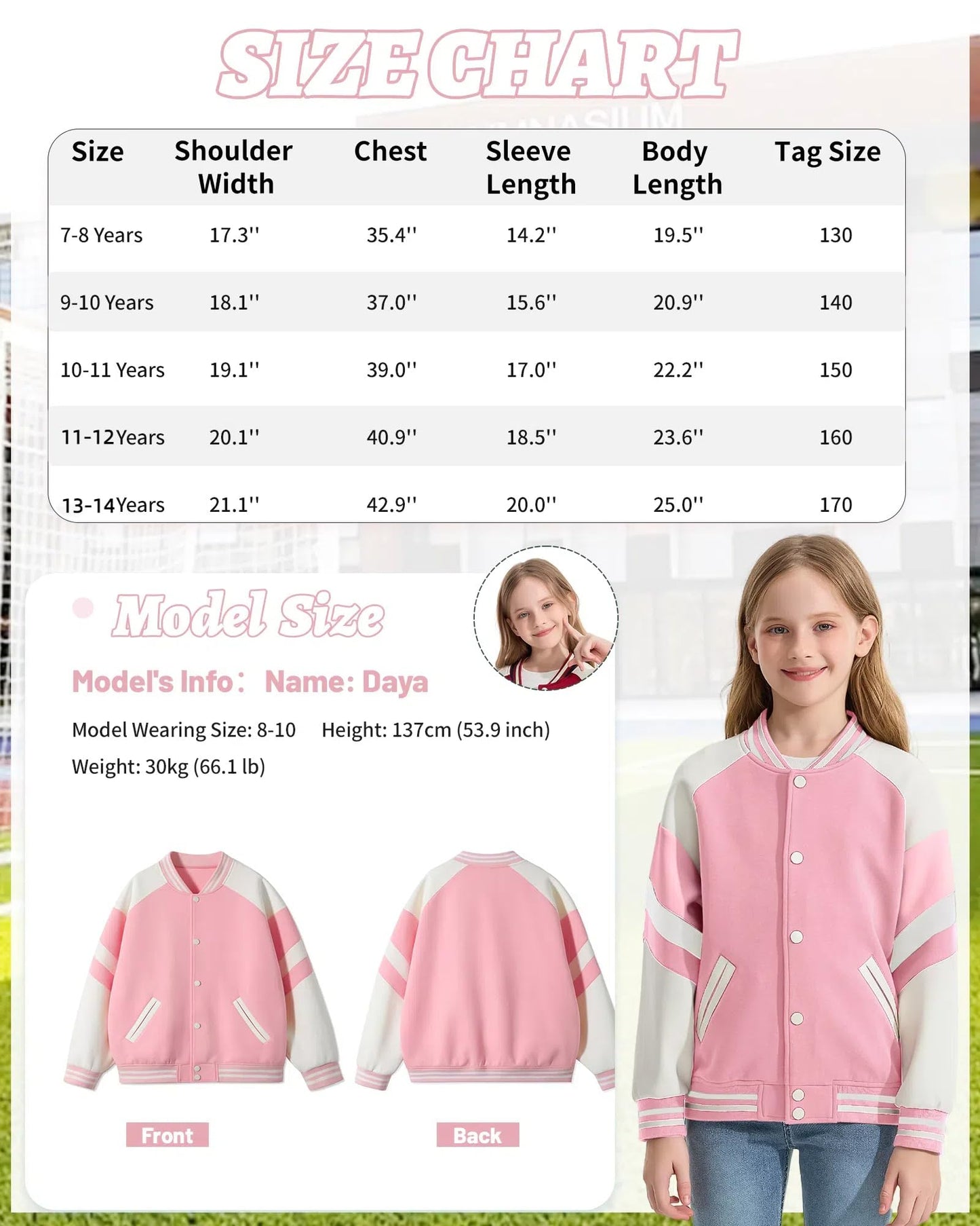 Rolanko Girls Baseball Jacket Boys Varsity Style Sweat Jacket with Pockets for School Bomber Coat for Children