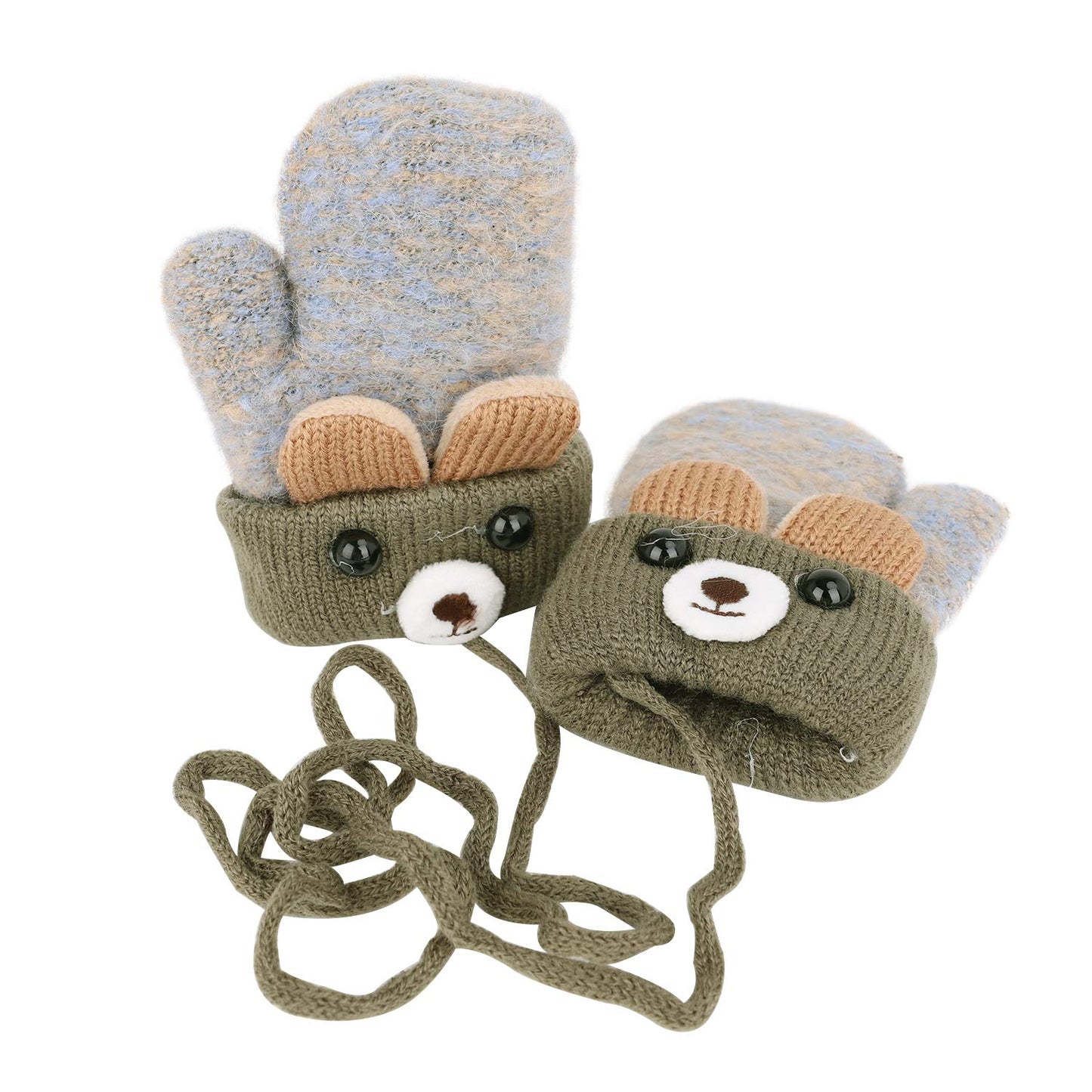 Kids Winter Gloves Mittens Baby Cartoon Mitten Neck Gloves Thick Double Knitted Glove with Plush,0 - 3 years old, Playing, Running, Skiing