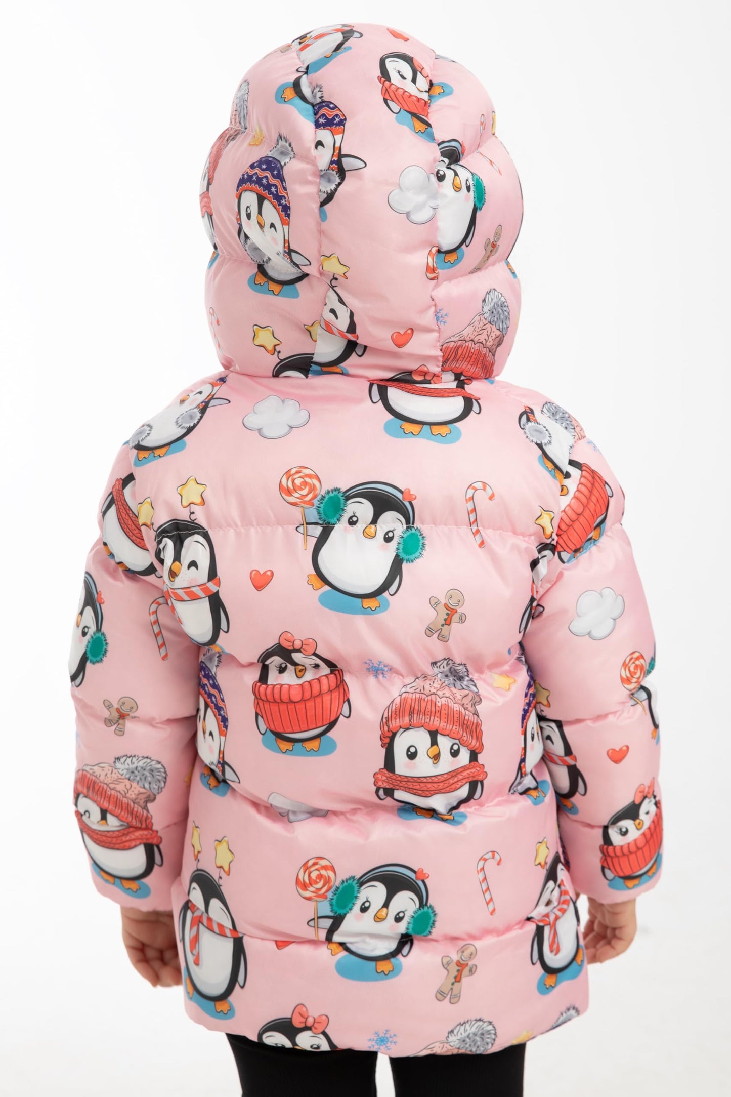 Generisch Wasserdichte Mädchen Winterjacke mit Kapuze – Rosa Jacke mit Pinguin-Muster – Atmungsaktive, Winddichte Übergangsjacke für Herbst und Winter