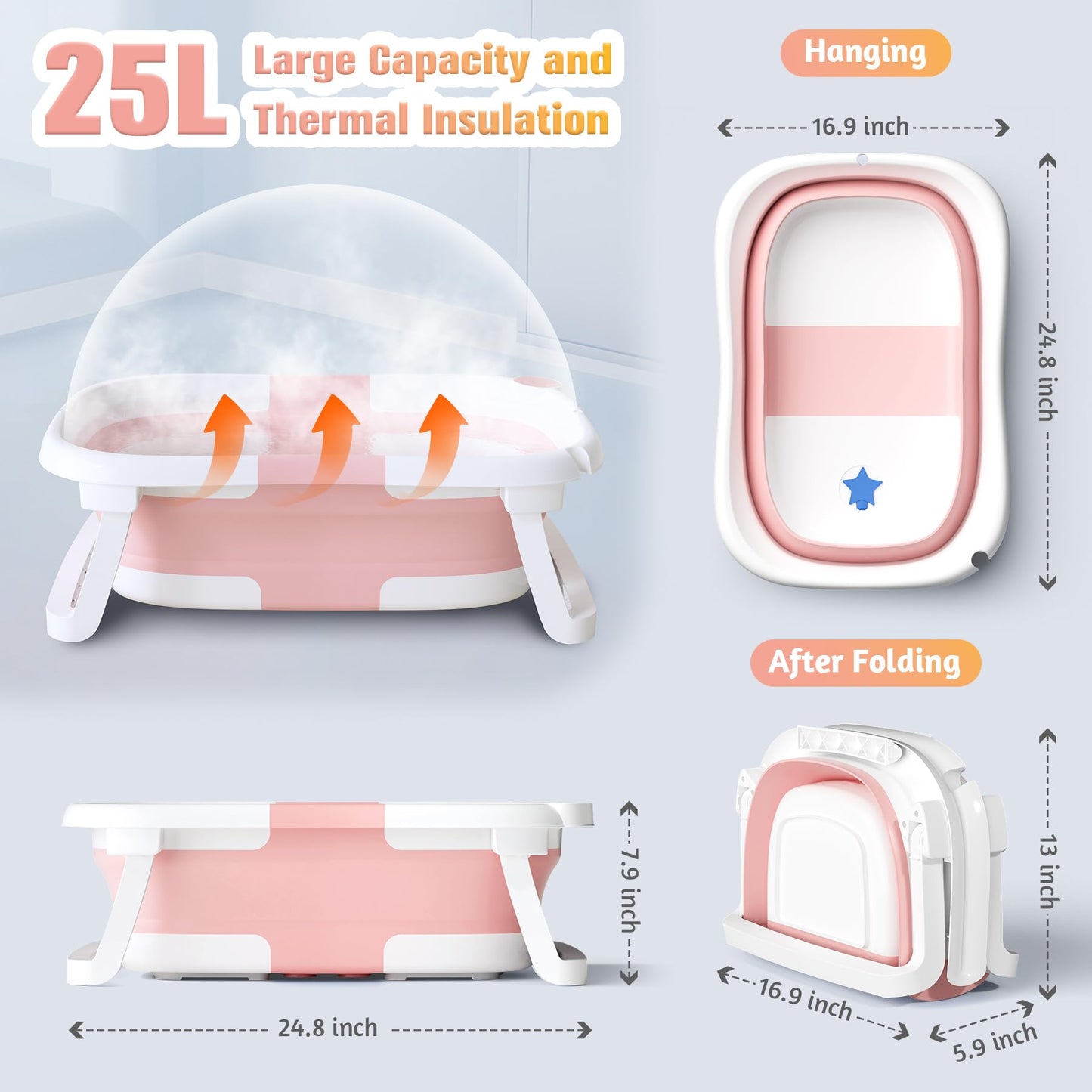 Rabb 1st Baby Badewanne Faltbare, Baby Bathtub Babywanne Faltbar Babybadewanne Tragbare Wanne für Neugeborene Kleinkinder mit Rutschfester Matte und Abflussloch (Kein Thermometer) (Grau)