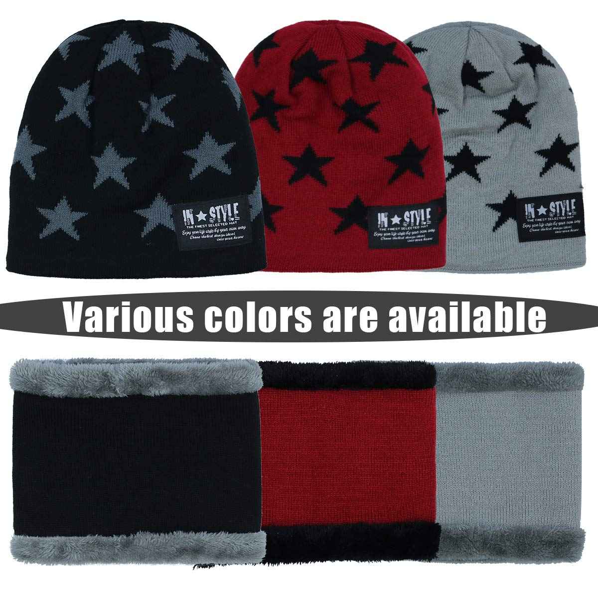 YR.Lover Momoon Dicke Beanie Hut +Schal Set Winter Warmen Schnee Knit Skull Cap für Kinder Jungen Mädchen