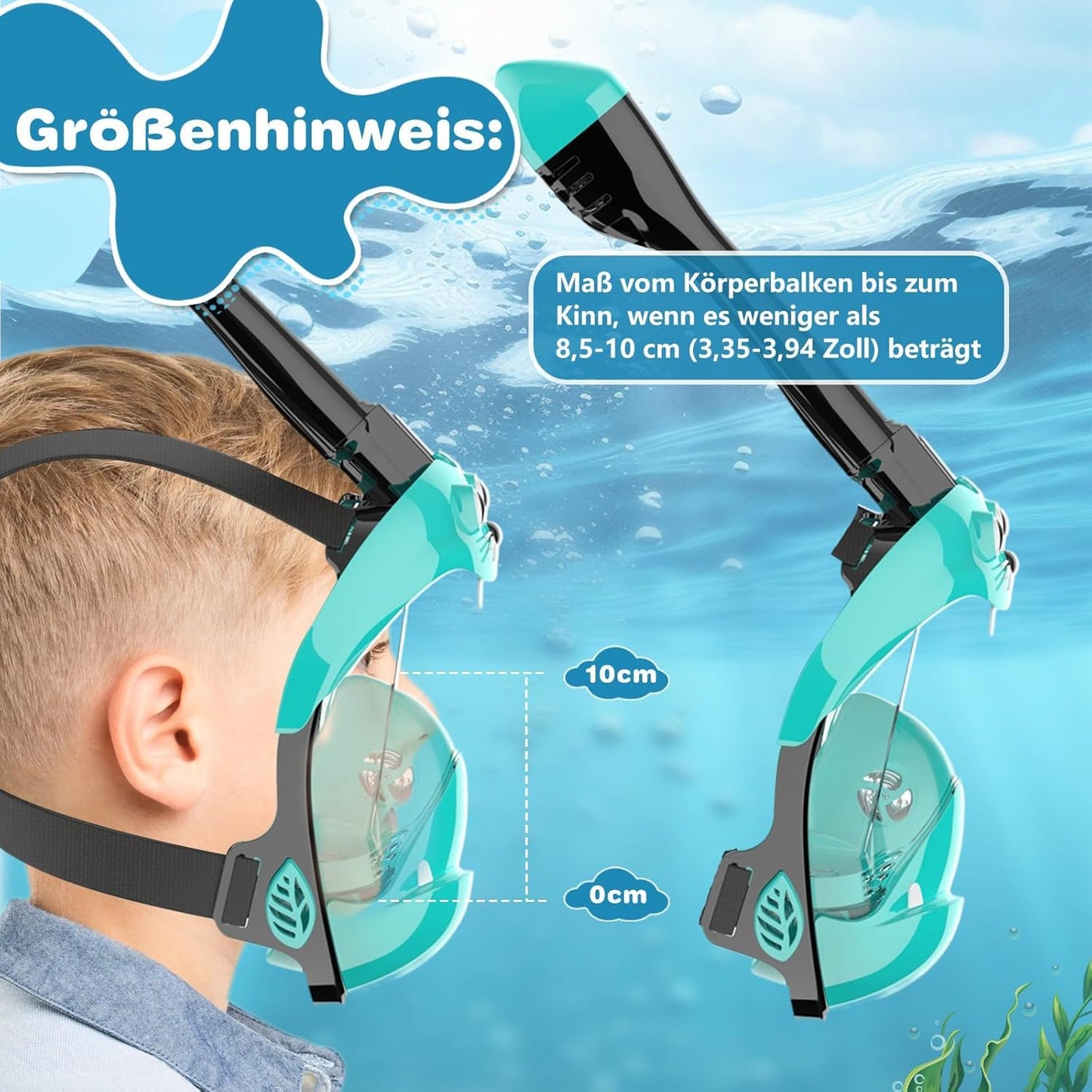 Schnorchelmaske Kinder Vollmaske – CO₂ sichere Tauchmaske ab 6 Jahren mit Anti-Beschlag, Anti-Leck, 180° Sichtfeld – Schnorchel Vollgesichtsmaske inkl. Silikon & Tragetasche