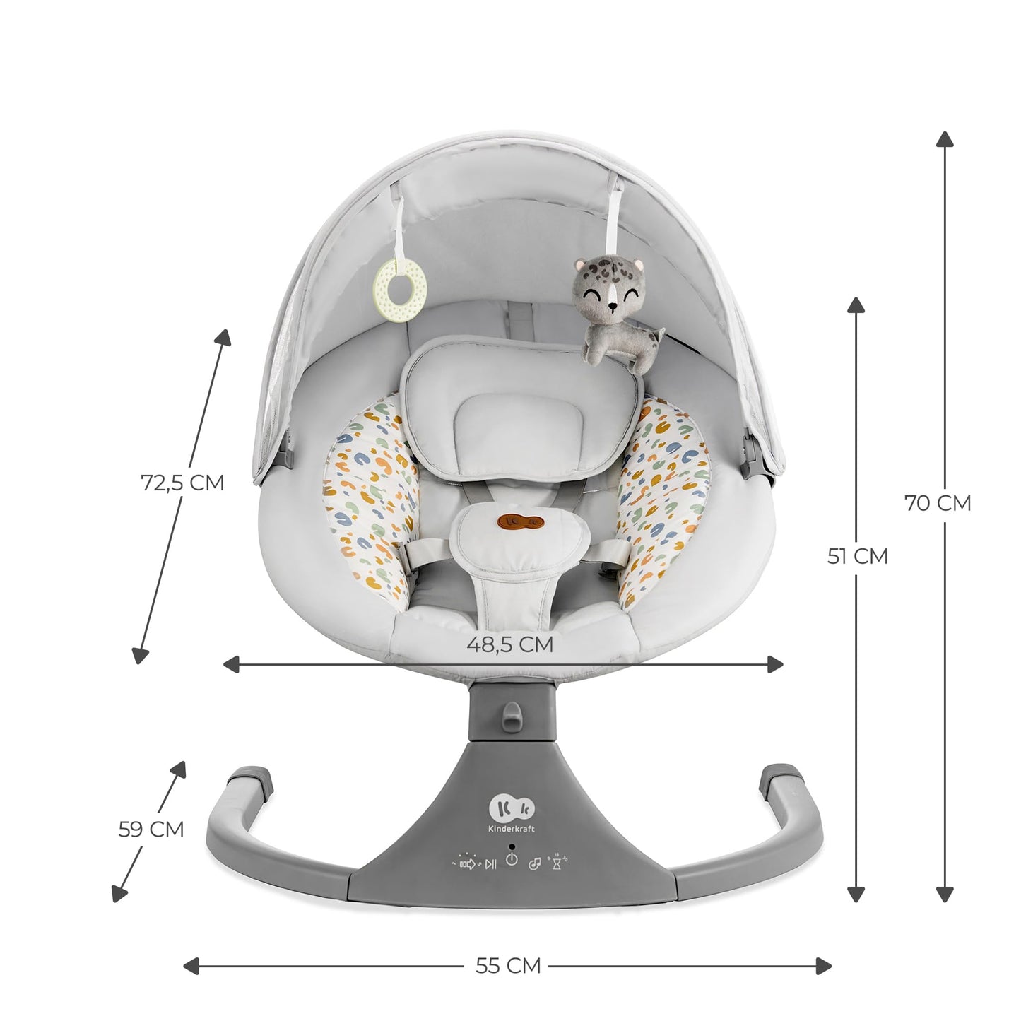 Kinderkraft LUMI 2 Babywippe, Elektrische Babyschaukel, Von der Geburt bis 9 Monate, Höhenverstellbar, 5 Schaukelmodi, 12 Melodien, Bogen mit Spielzeug, Dunkelgrau