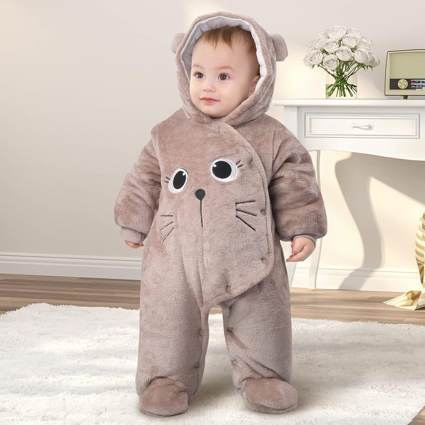 JiAmy Baby-Overall Baby-Strampler Flanell Winter-Strampelanzug mit Füßchen Kapuze Cartoon,Khaki 6-9 Monate