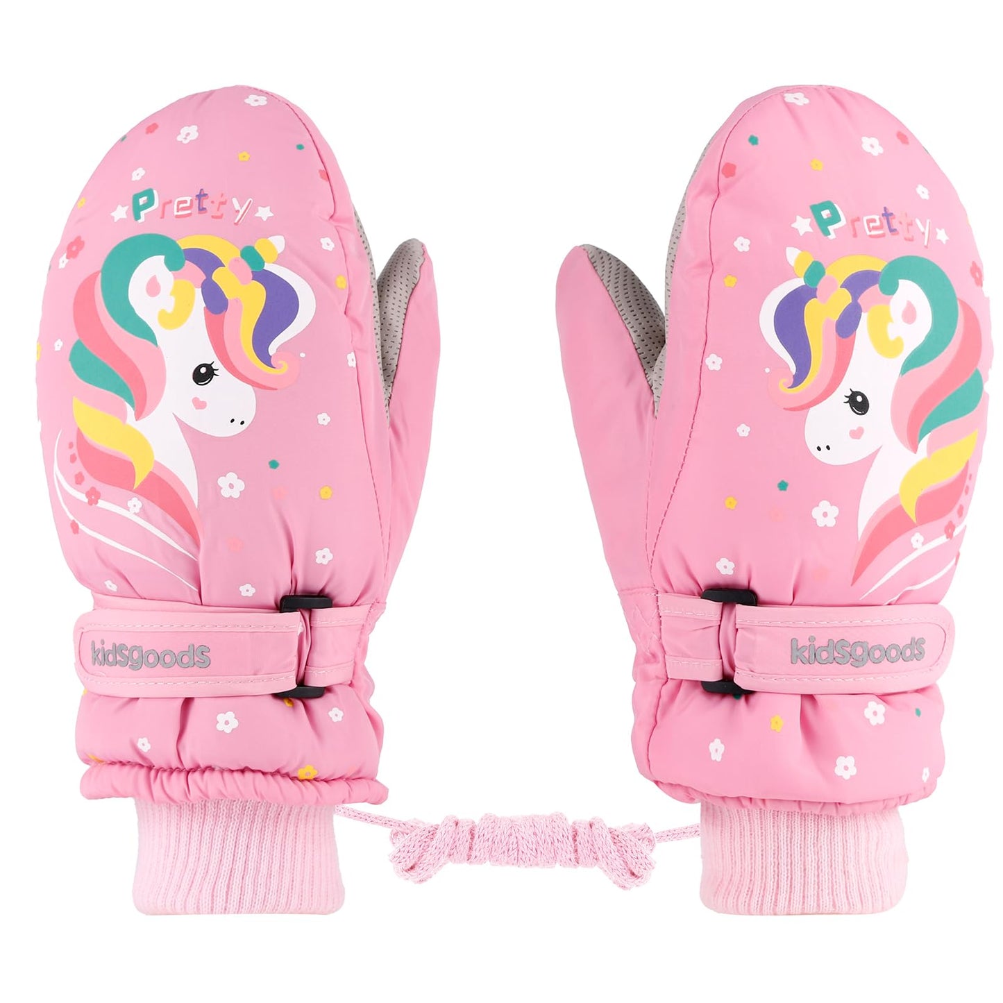 KAKU NANU Children's Winter Gloves 2-10 Years Ski Gloves Waterproof Warm Fleece Cartoon Children's Gloves Mittens with Cord Outdoor Snowboard Gloves Children Boys Girls Blue Red Pink Purple