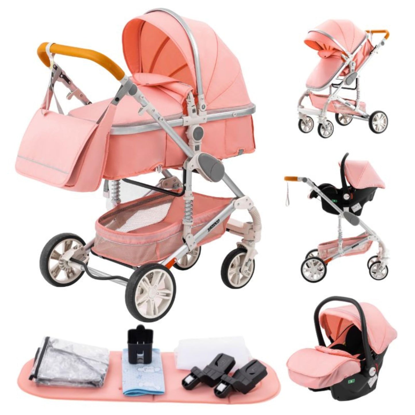 YAZOCO Kinderwagen 3 in 1 Buggy Babybett Komplett Set mit einem Klick Zusammenklappbarer Kinderwagen, KombiKinderwagen Aluminiumrahmen für Neugeborene Sitzzubehör - Meloni2