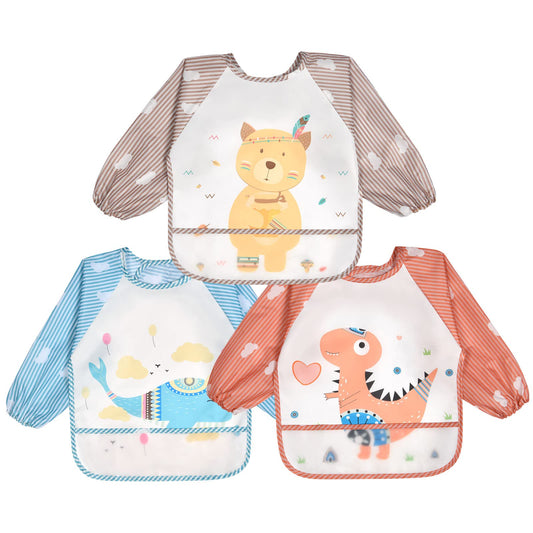 Vicloon Baby Bibs with Long Sleeves, 3PCS Sleeved Bibs Waterproof, Cute Animal Style Baby Bibs Set for Eating, Arts, Crafts, Painting, Playing for 6-24 Months