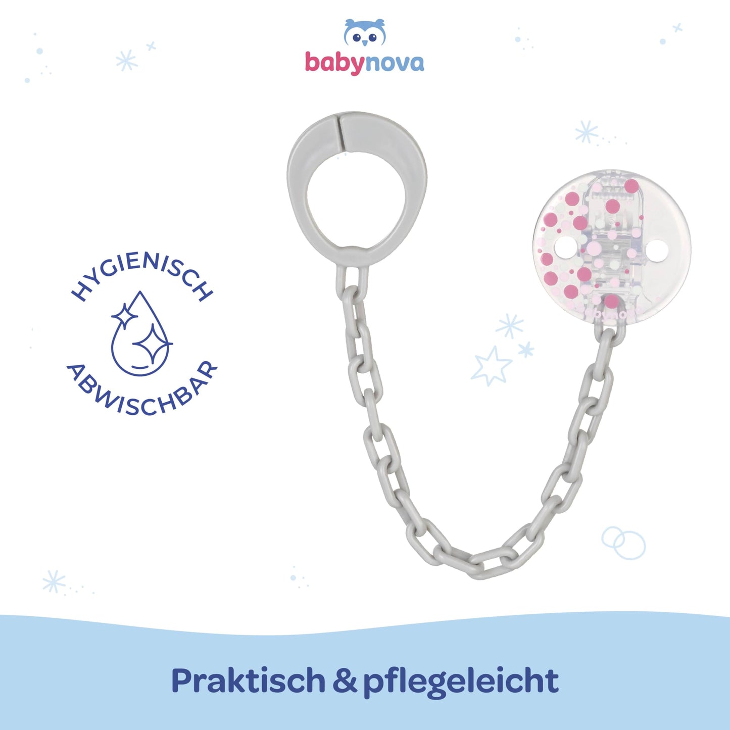 babynova Schnullerkette mit Clip - Schnullerhalter kompatibel mit Schnullern mit Ring - Kinderwagen Zubehör - BPA-frei - Rosa Herzen