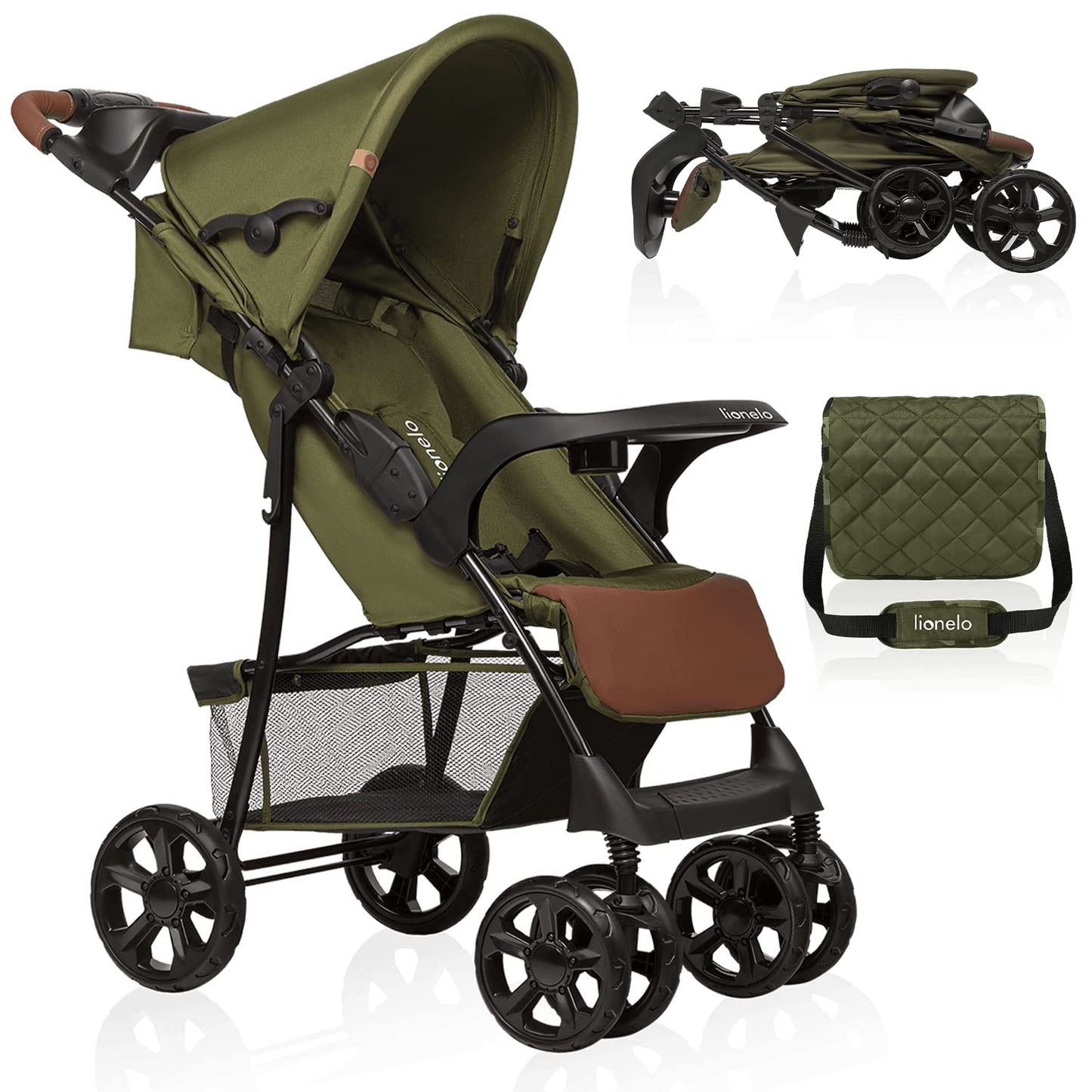 LIONELO Emma Plus Kinderwagen bis zu 15 kg, Kindersportwagen, leicht modern klein Buggy mit Liegeposition, zusammenklappbar, große Räder, großer Korb, Tasche Stone