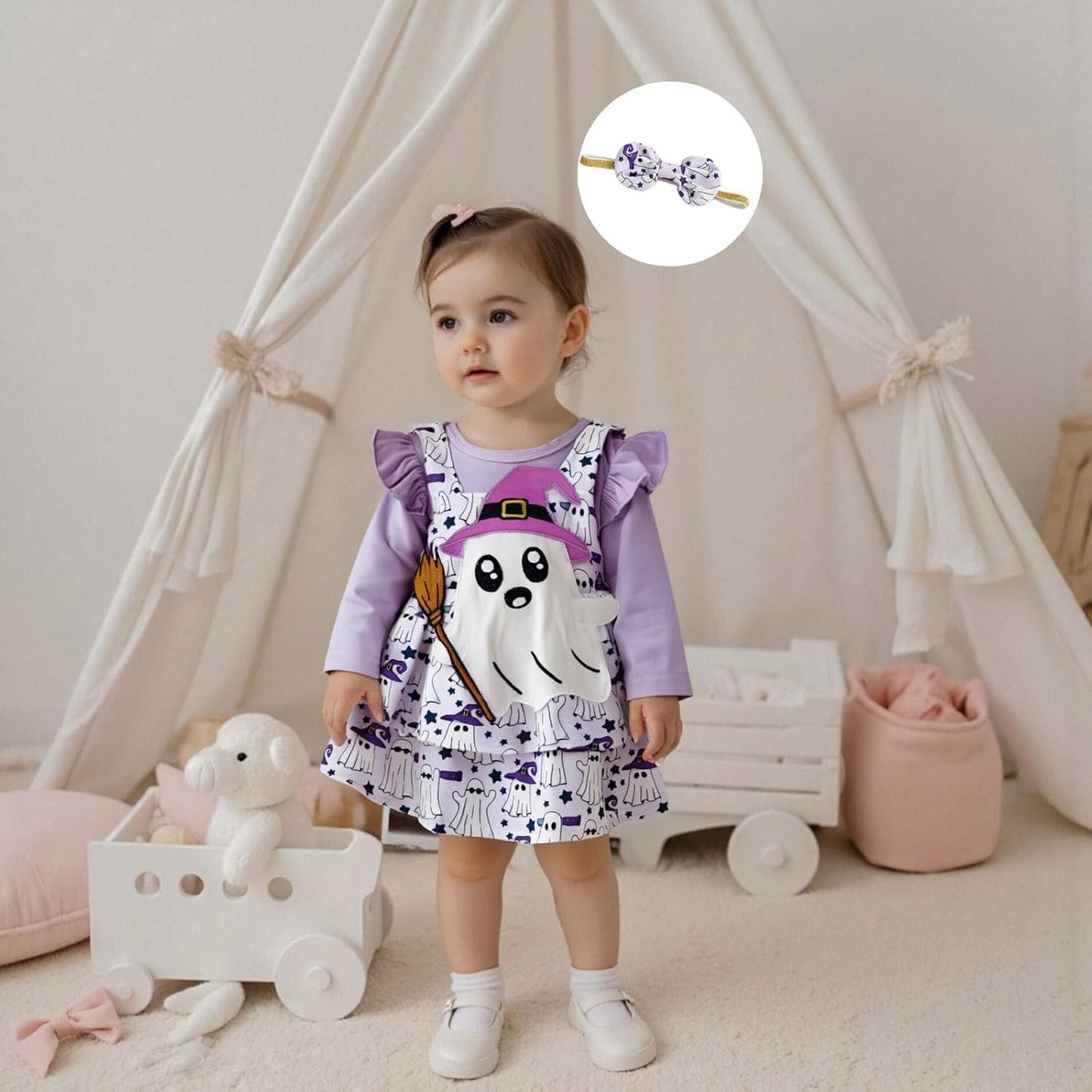 ESSECMBS Infant Baby Girl Halloween Romper Skirt 3 Pieces Clothing Set Long Sleeve Ruffle Shoulder Body Braces Pumpkin Ghost Skirt Headband Girls All Saints Clothing