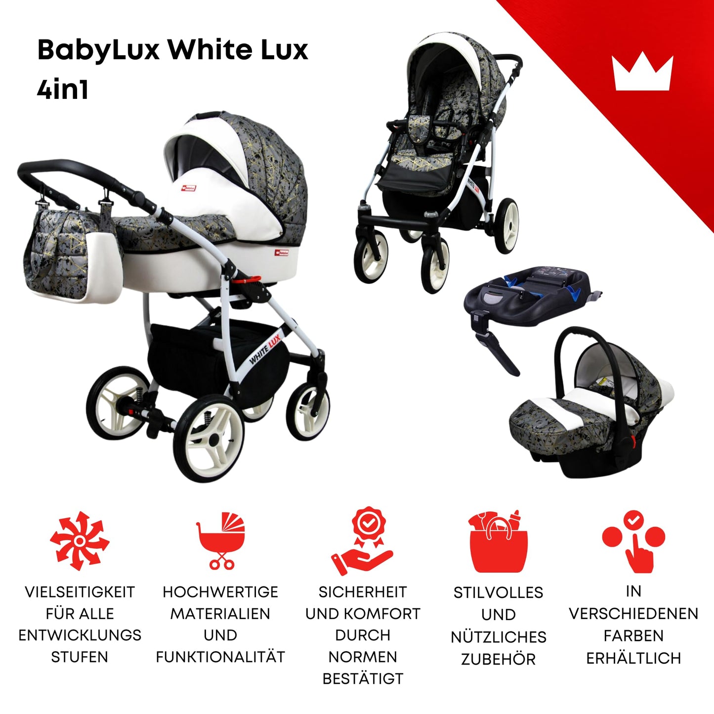 BabyLux® Bambimo Kinderwagen Set 3 in 1 - White Lux - incl. Babywanne, Buggy Sportsitz, Auto-Babyschale - Autositz - Kinderwagenset - Kombikinderwagen mit Wickeltasche, Regenschutz usw.