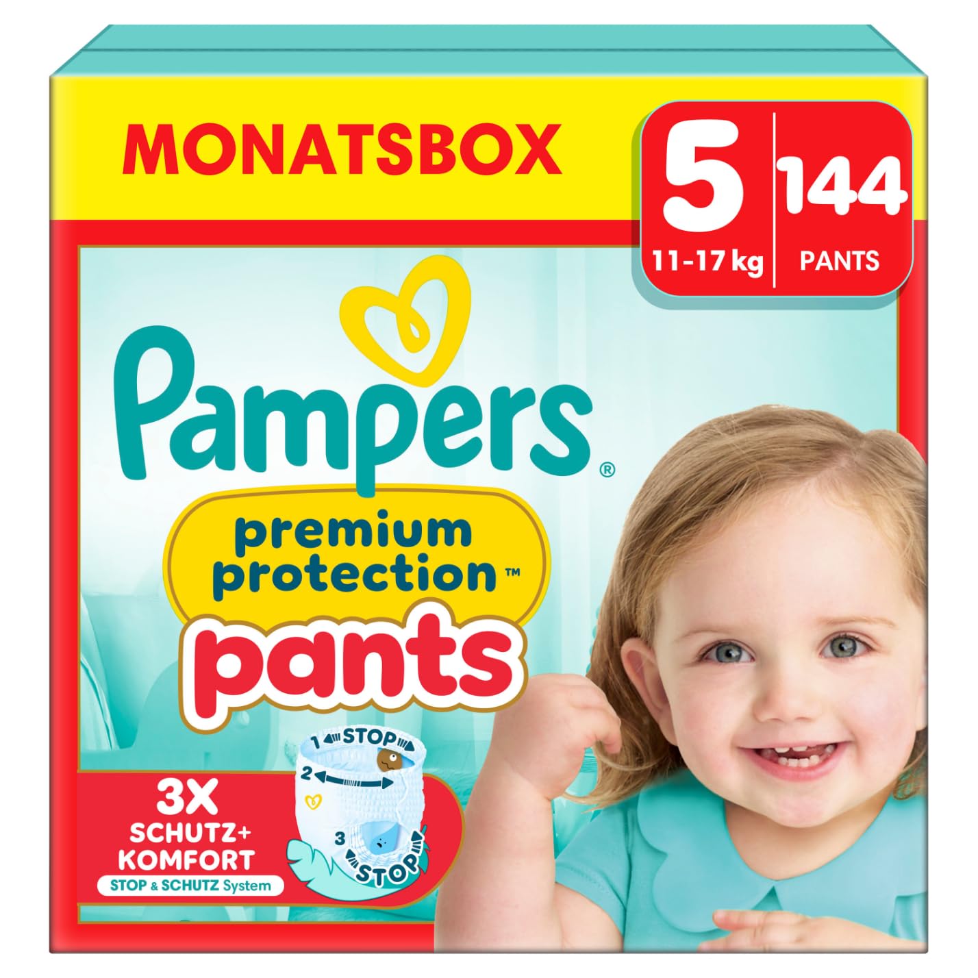 Pampers Premium Protection Pants Größe 4, 168 Windeln, 9kg-15kg, Mit 360° Passform und 2x breiteren Bündchen als vorher für unseren besten Komfort & Schutz