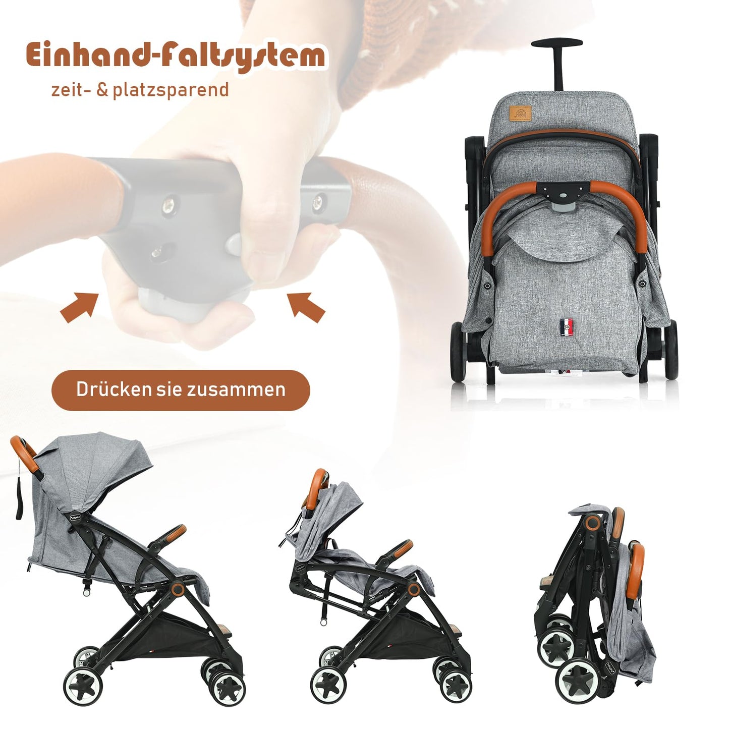 DREAMADE Children's Buggy Foldable with Reclining Function, Pram for Baby 0-3 Years, Foldable Buggy with 5-Point Safety Belt & Storage Basket & Brake (Grey)