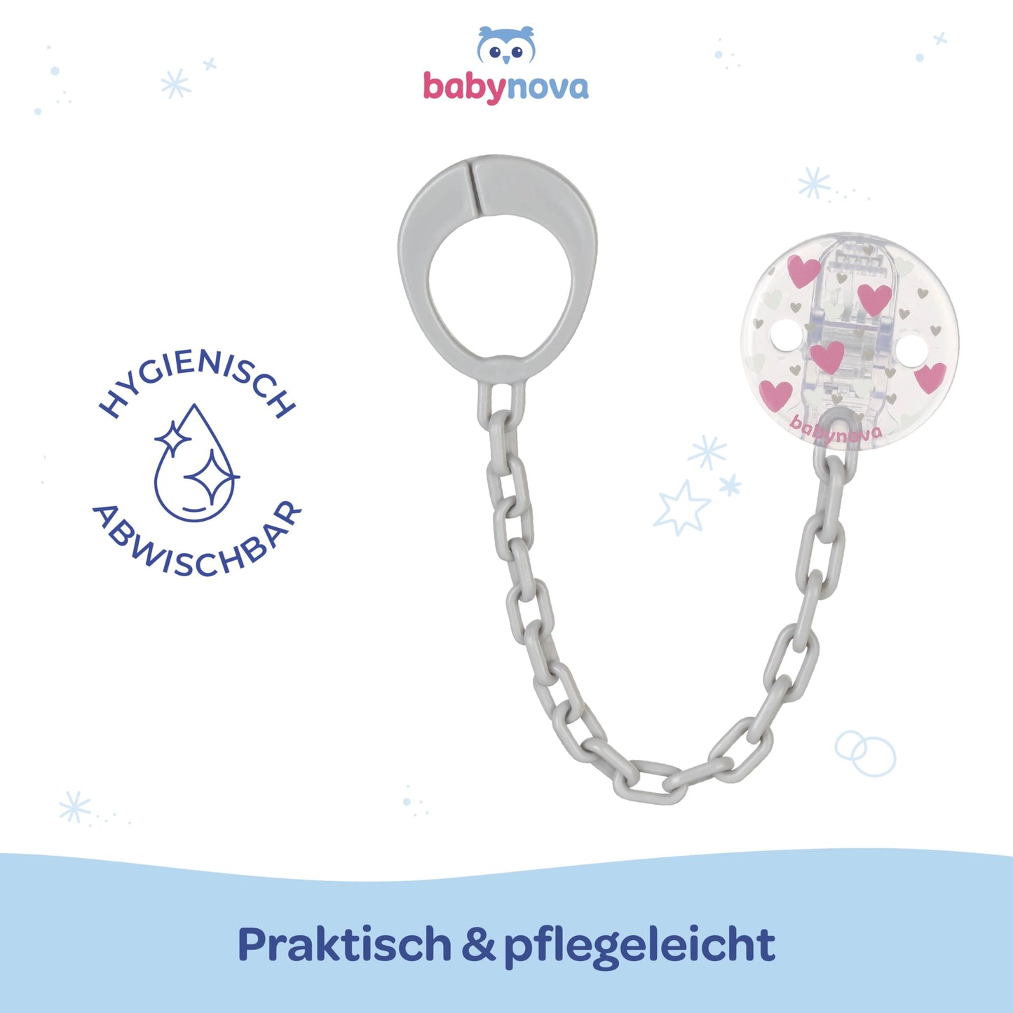 babynova Schnullerkette mit Clip - Schnullerhalter kompatibel mit Schnullern mit Ring - Kinderwagen Zubehör - BPA-frei - Rosa Herzen