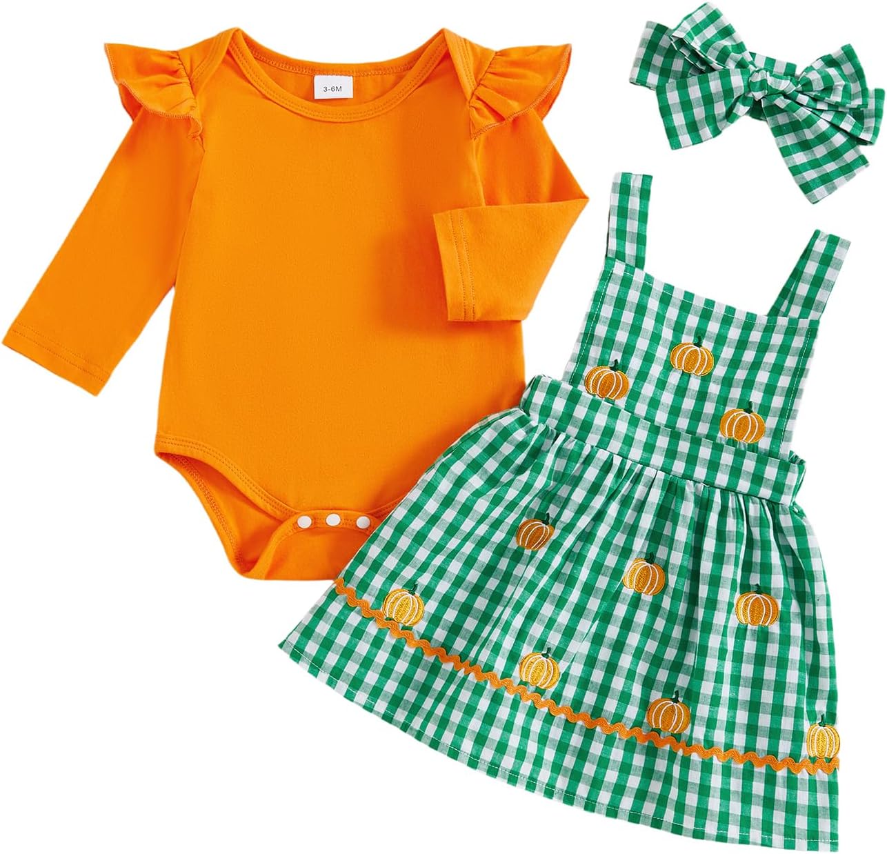 ESSECMBS Infant Baby Girl Halloween Romper Skirt 3 Pieces Clothing Set Long Sleeve Ruffle Shoulder Body Braces Pumpkin Ghost Skirt Headband Girls All Saints Clothing